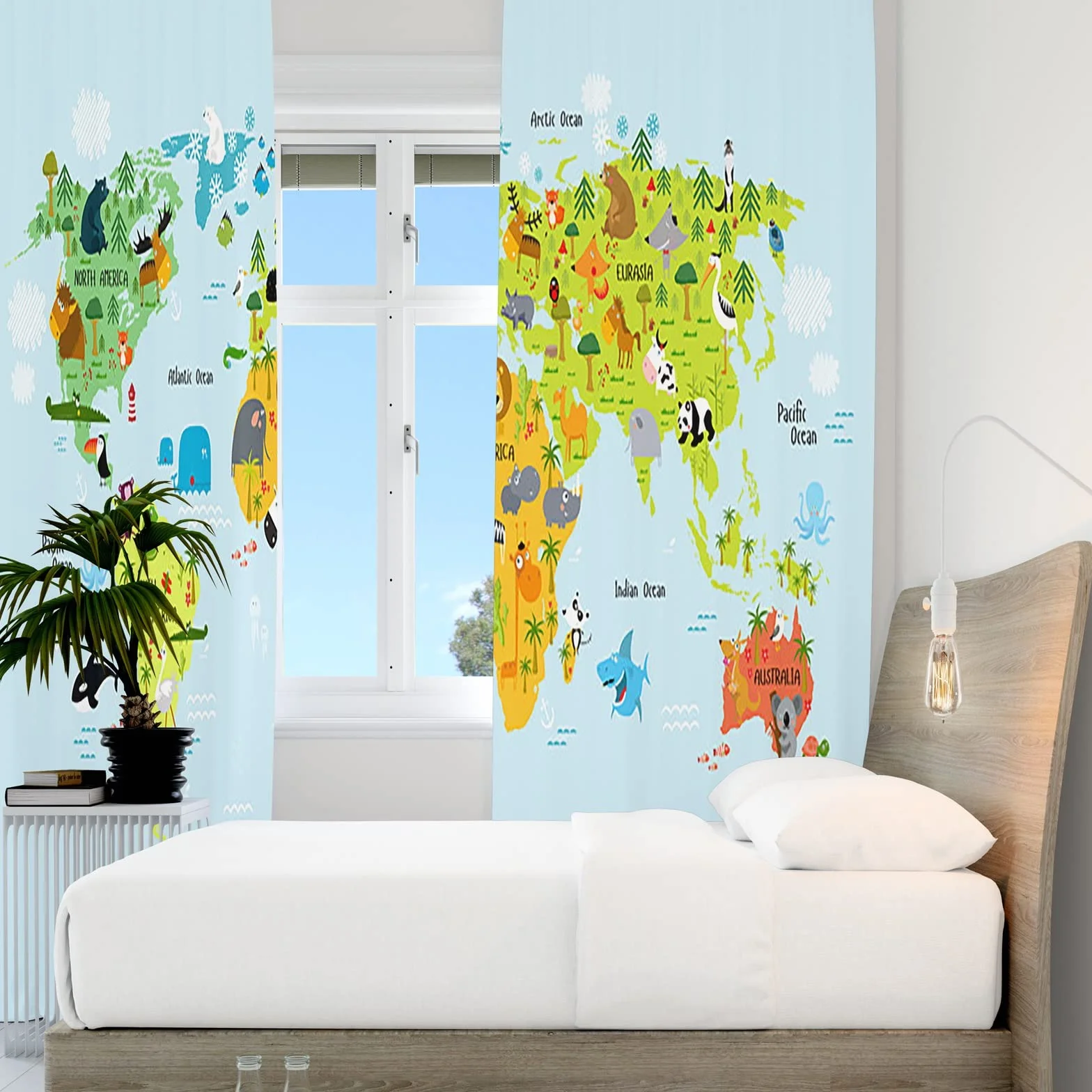 YONGFOTO 117x183cm Dibujos Animados Mapa Cortinas Opacas Global Ocean Cute Animal World Monumentos Baby Blue Maps por Sala Dormitorio Infantil Cortinas de Ventana, 2 Paneles con Ojal