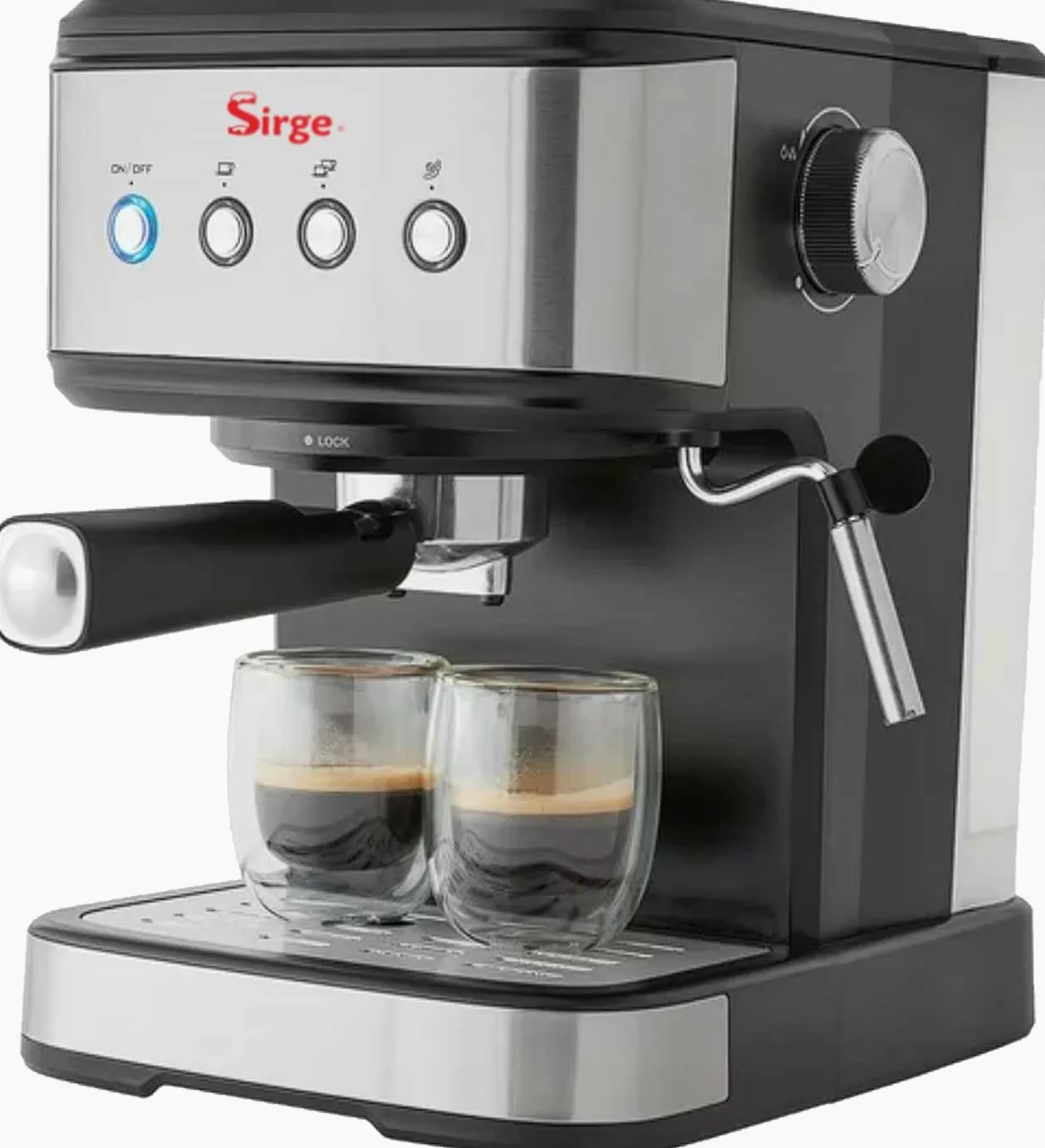 Sirge LUSSY - Cafetera Máquina para Café Expreso, Capuchino y Bebidas Calientes, Utiliza Café en Polvo y/o Monodosis. Potencia 1100 W. Bomba Italiana de 15 Bar con 3 Filtros Incluidos