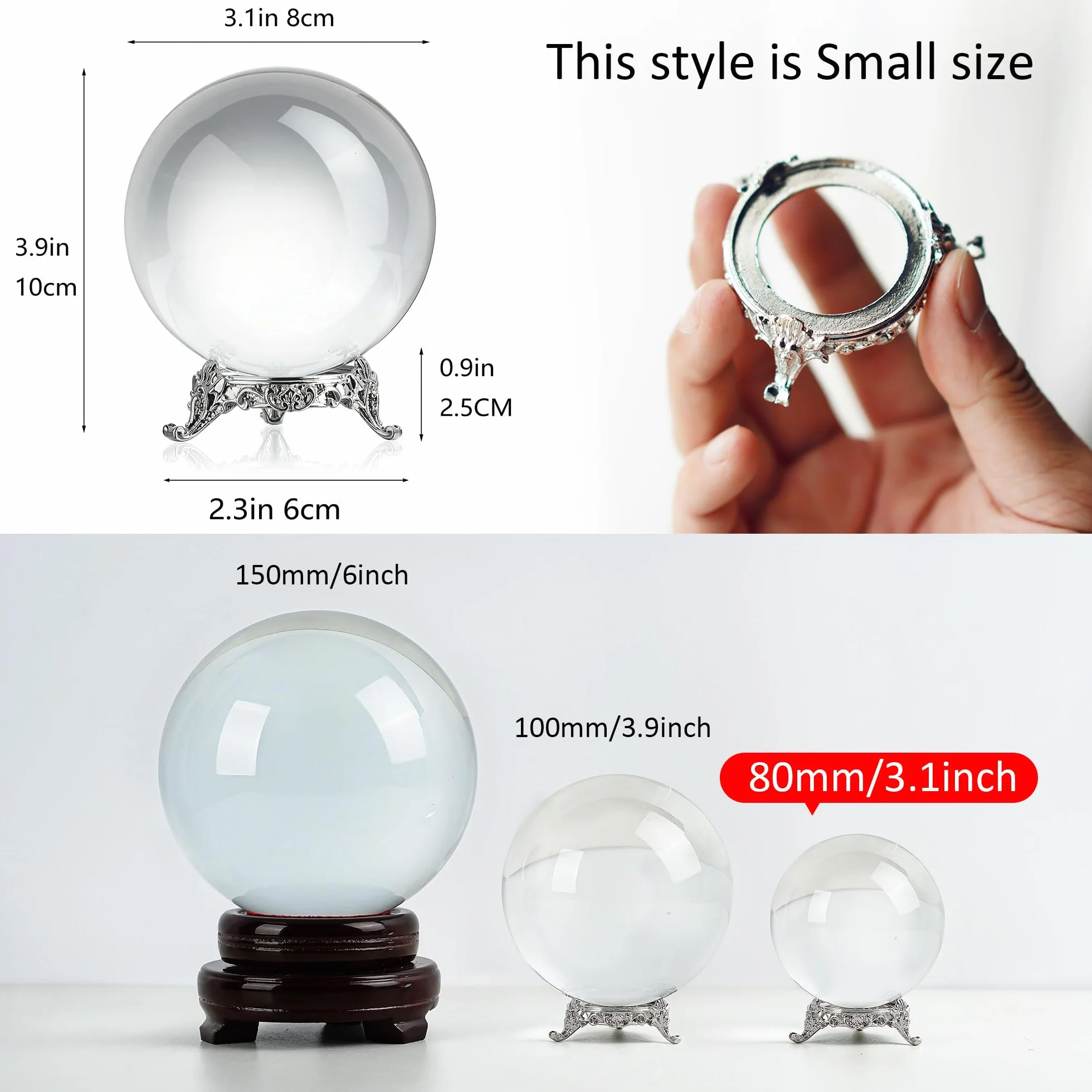 QFkris Bola de Cristal Transparente de 80 mm con Soporte para adivinación de adivinación, Esfera de Cristal para Magia, Bola Decorativa de 3.1 Pulgadas para fotografía de Lentes, Feng Shui