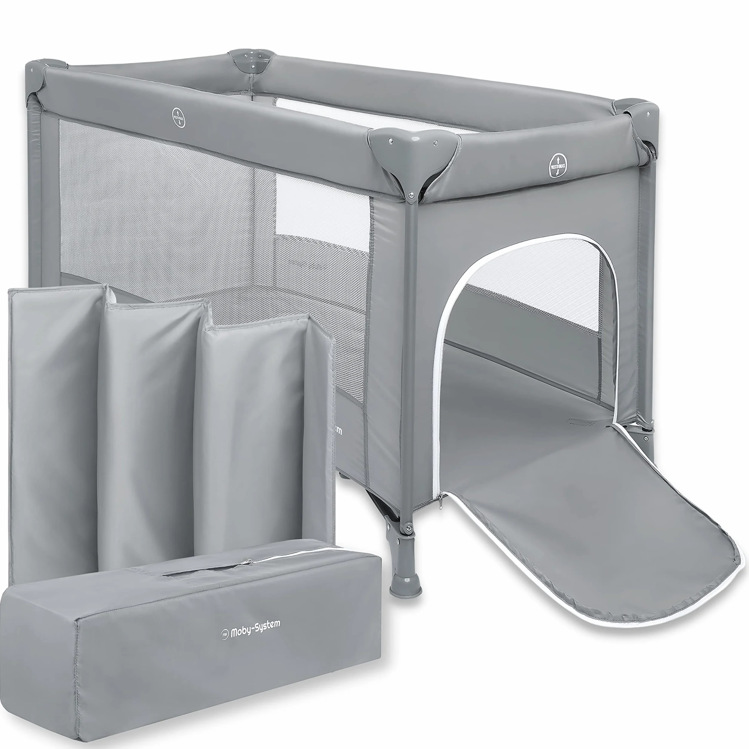 Moby-System Cuna de Viaje para Bebé – Parque Cuna 2 en 1 con Colchón Plegable, 2 Alturas, Ruedas con Freno y Bolsa – Cuna Plegable con Entrada Lateral y Cambiador
