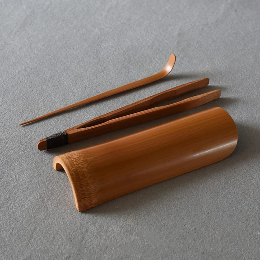 Juego de 3 utensilios para ceremonia de té, herramientas de té chino Gong Fu, juego de té Kungfu, herramientas de té de bambú natural, cuchara, pinzas para amantes del té