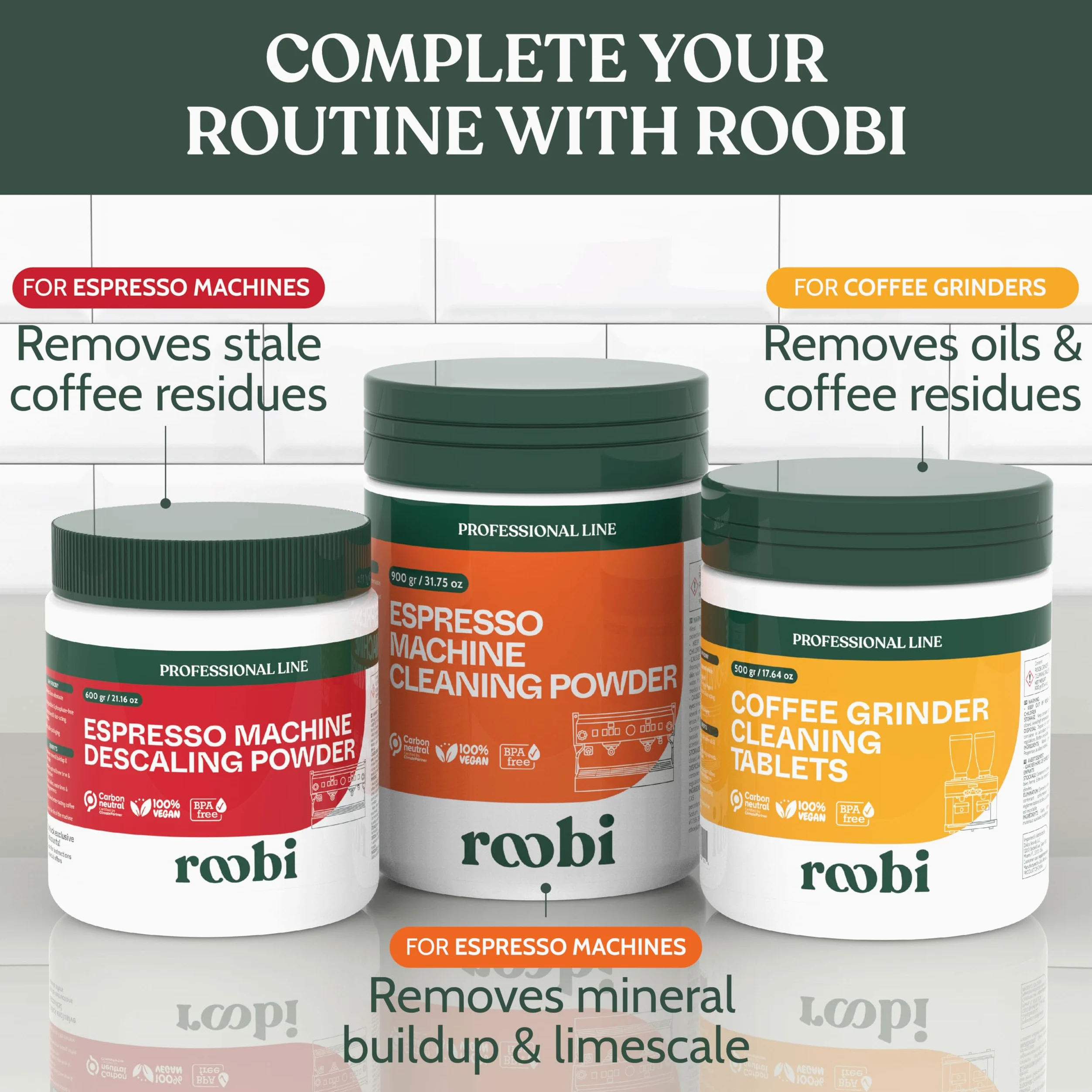 Roobi Polvo descalcificador profesional para máquina de espresso. Polvo descalcificador de espresso neutro en carbono, hasta 21 aplicaciones, 600 gr.