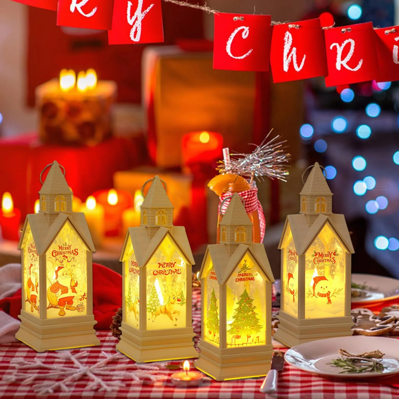 4 farolillos de decoración navideña, farolillos para decoración navideña, farolillos de Navidad con reno y árbol de Navidad, farolillos de Navidad con luz LED blanca cálida, farolillos para decoración