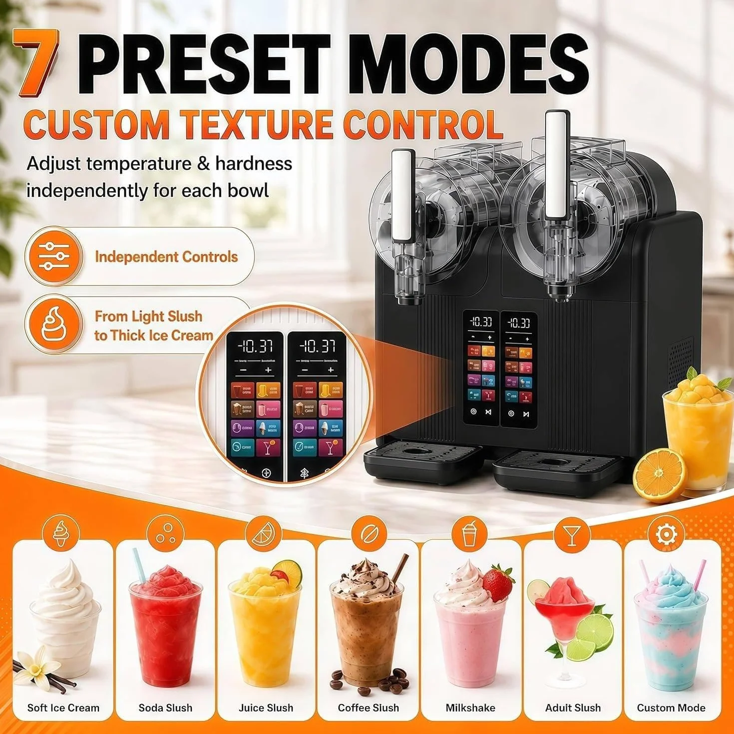 Máquina 2 En 1 Para Granizados Y Helado Suave, Doble Depósito, Black | 7 Modos Para Batidos, Malteadas, Cócteles, Margaritas Y Helados, Autolimpiante, Ideal Para Uso Doméstico Y Comercial