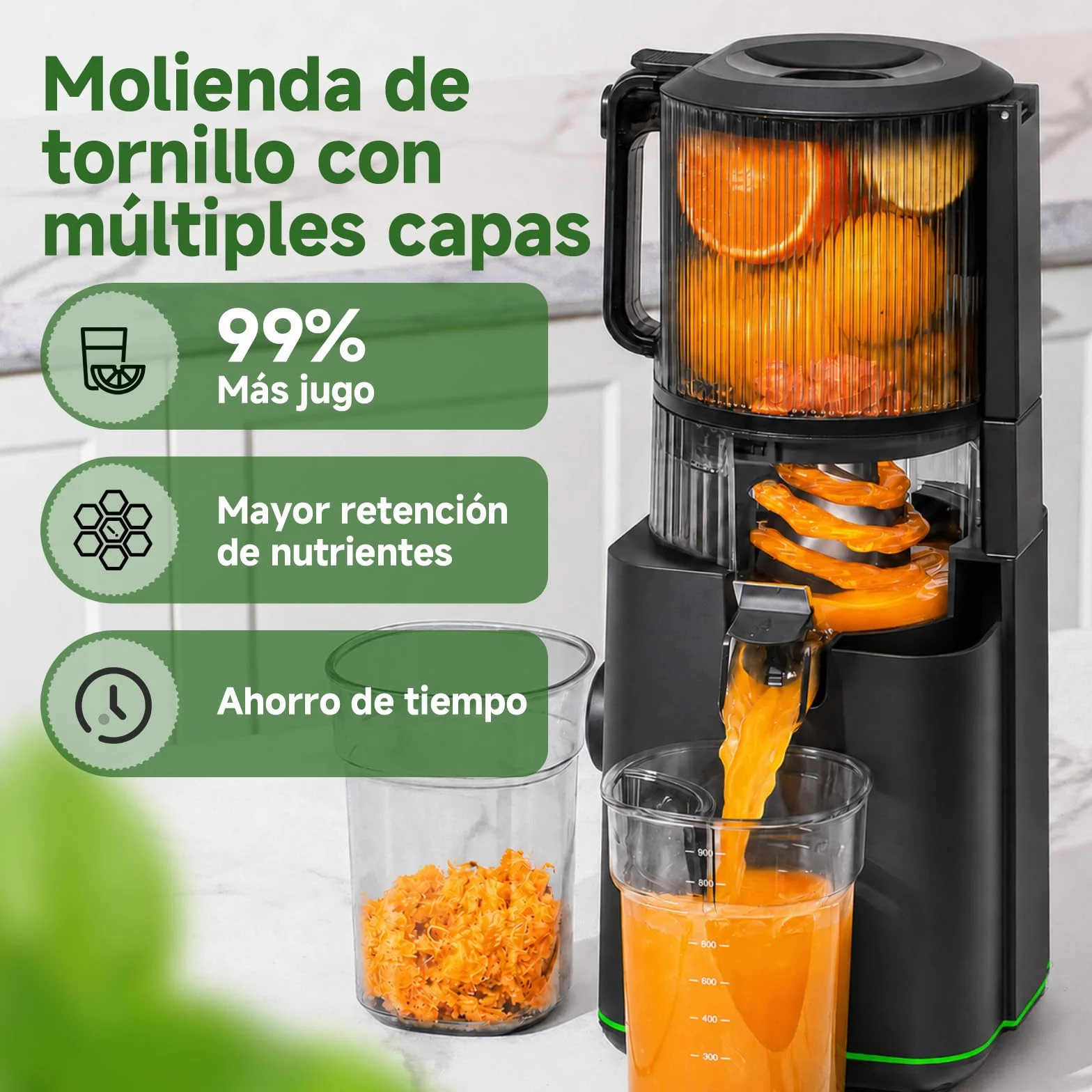 AMZCHEF Extractor de Zumos Prensado en Frío 600W, Licuadora con Boca XL 160 mm, Slow Juicer 2,5 L para Frutas y Verduras Enteras, 2 Filtros (Zumo, Leche Vegetal, Sorbete), Fácil de Limpiar, Negro Mate