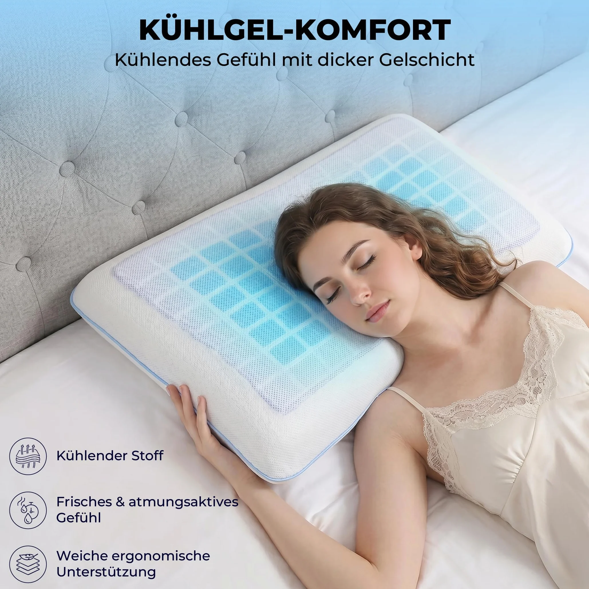 Sleep Comfy Gel-X Almohada 60 x 40 x 16 cm, almohada de espuma viscoelástica con gel refrescante, almohada ergonómica para el cuello, almohada transpirable con funda de jersey lavable, para dormir de