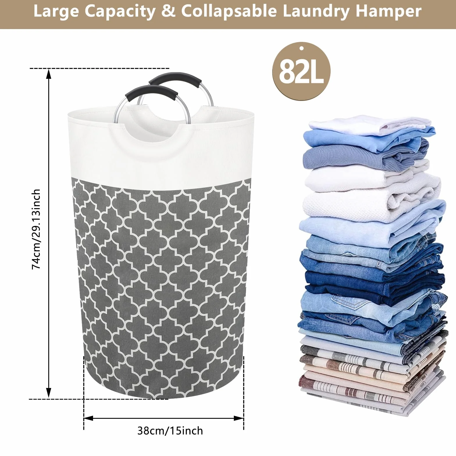 Cesto para Ropa Sucia Grande de 82L, 74x38x38CM Bolsa de Ropa Plegable Transporte Fácil Con Asas de Aluminio Protegidos con Espuma, Cestos para Colada Laundry Basket para Lavadero Baño y Dormitorio