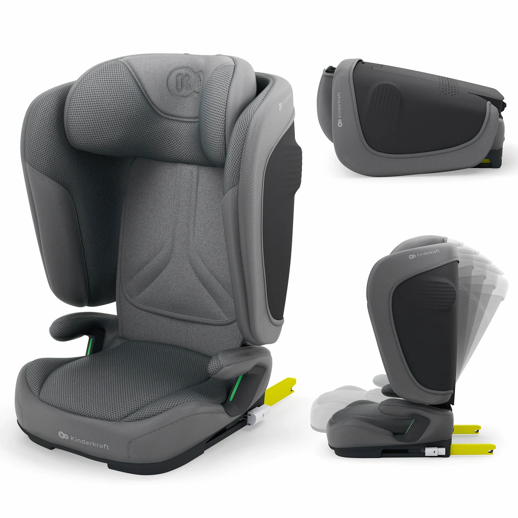 Kinderkraft UNITY 2 i-Size, Silla de coche plegable 100–150 cm, De 3,5 a 12 años aproximadamente, Reposacabezas ajustable, Tapizado con sistema AIR FLOW, Ajuste del respaldo en 5 posiciones, Gris
