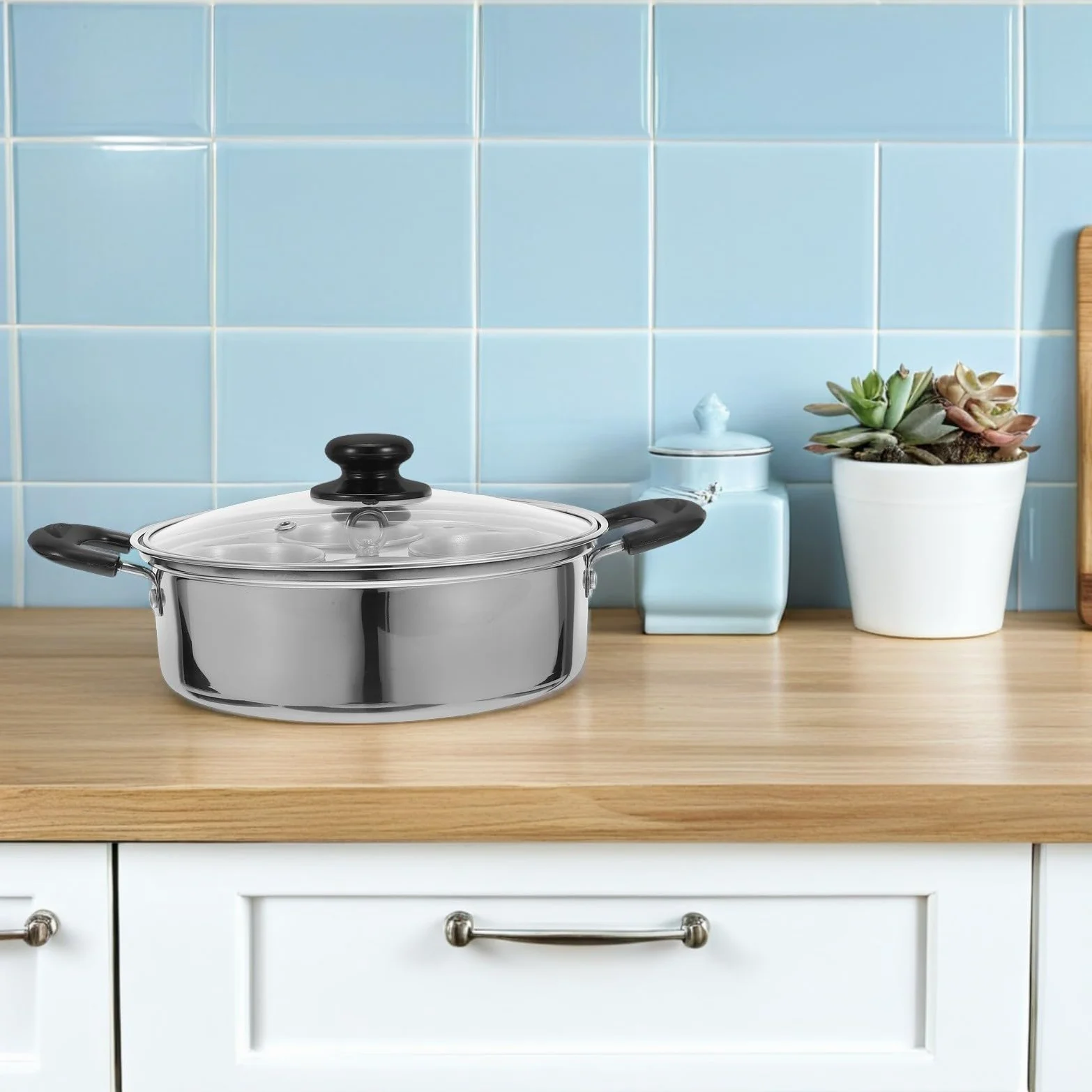 Operitacx Vaporera de Huevos de Acero Inoxidable para Cocina con 4 Tazas Desmontables y Tapa, Olla para Huevos al Vapor Adecuado para Desayuno en Casa