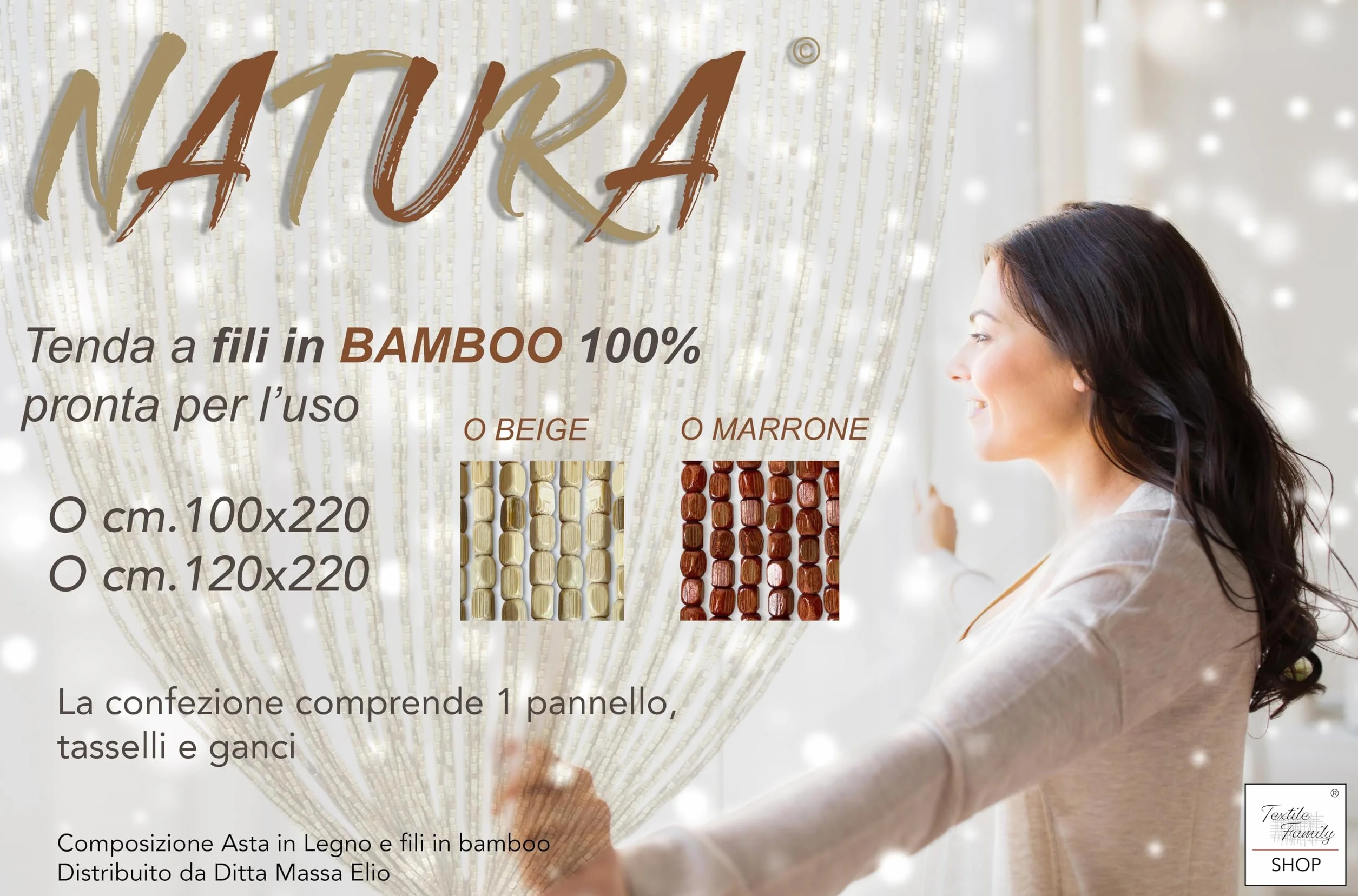 Tex Family - Cortina de perlas de madera marrón hecha a mano - Hilos de bambú 100% natural - Barra negra - Uso interior - Decoración de puerta - 100x220 cm / 39,37x86,61 pulgadas
