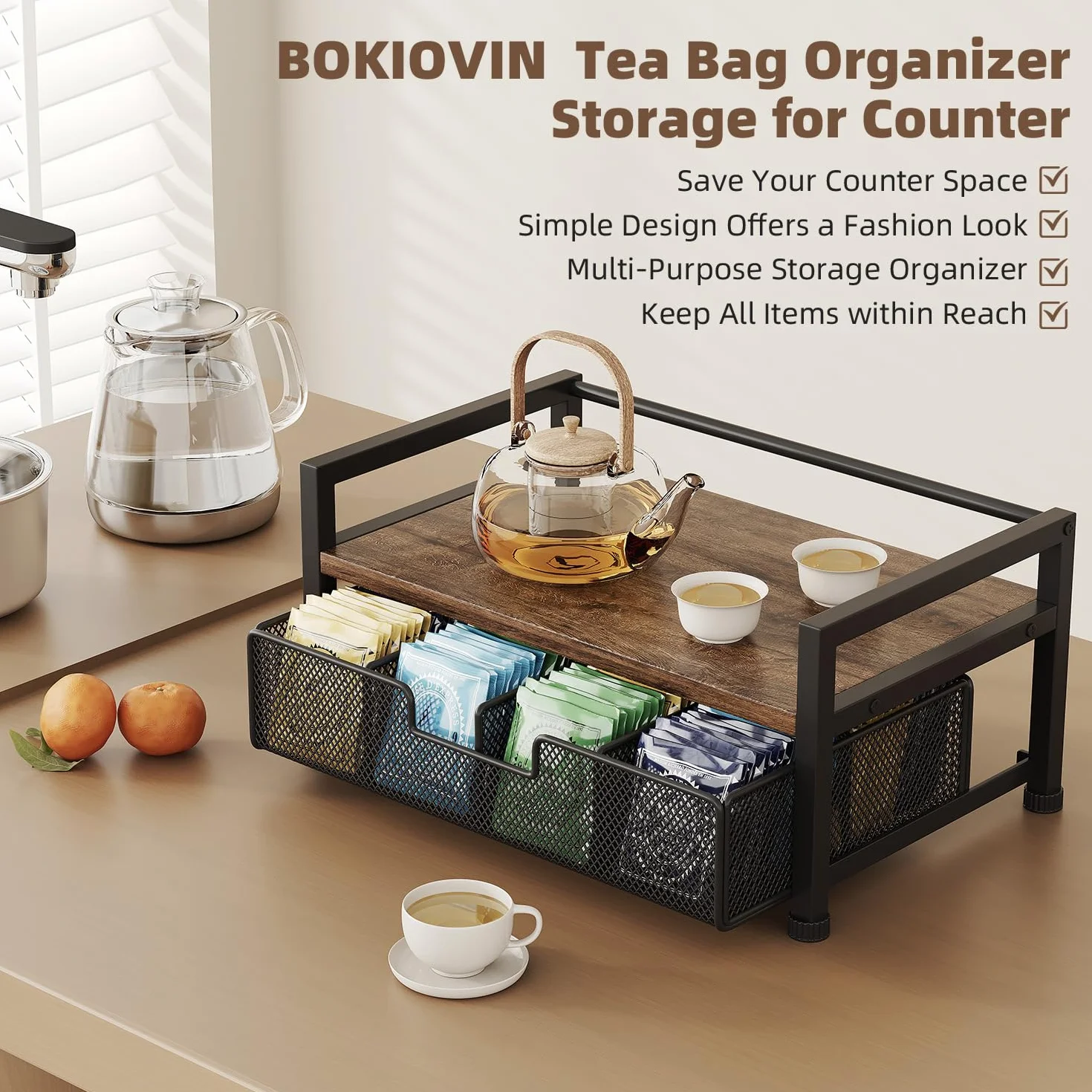 Soporte Metálico para Bolsitas de Té con 8 Compartimentos,Caja Te Organizador de Infusiones con Cajón,Negro