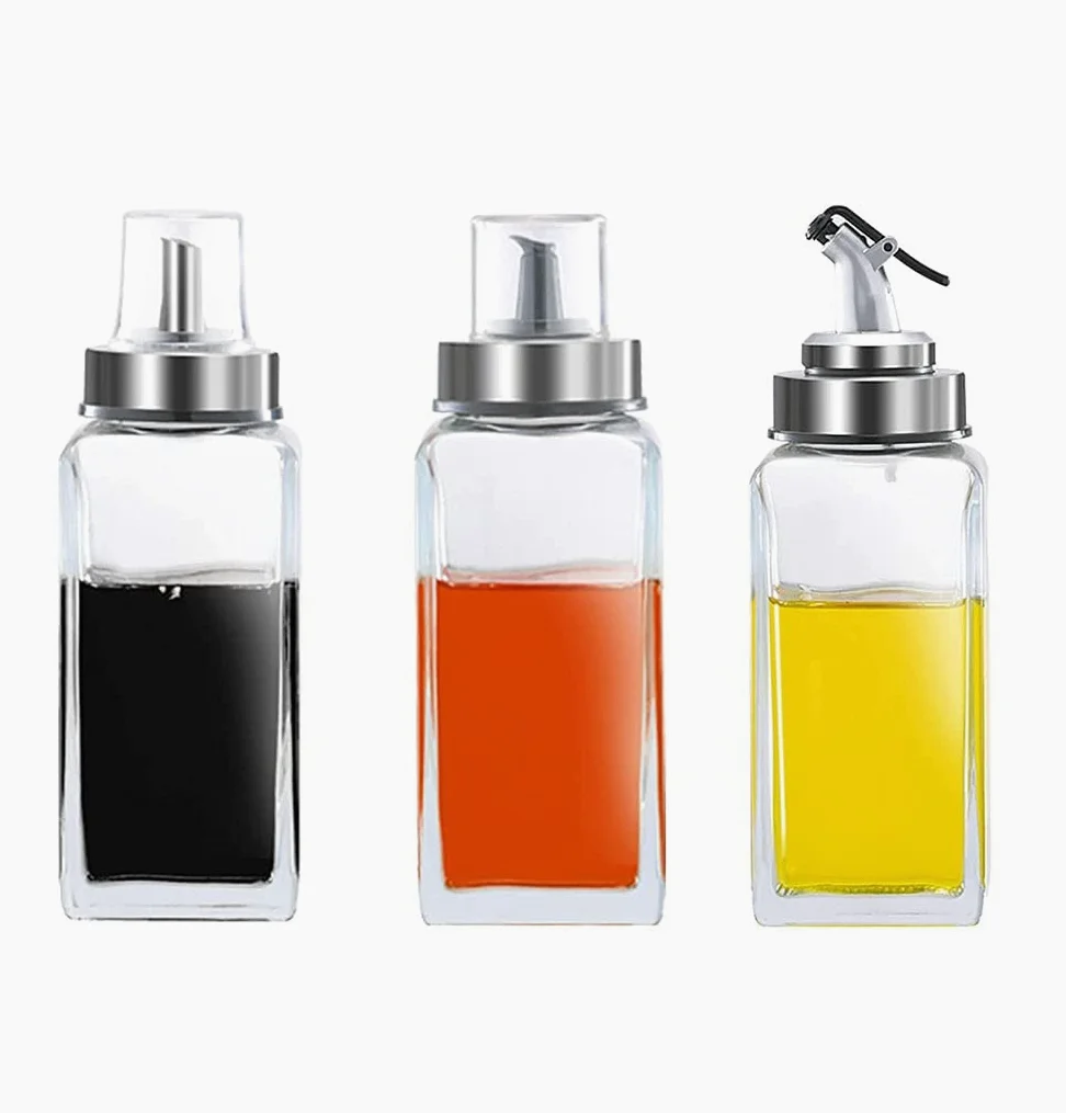 Botellas dispensador de aceite de oliva de vidrio de 300 ml, aceite de cocina y vinagre cruet, cocina, acero inoxidable de la casa tres tipos de boquillas pequeñas botellas de condimento, 3 pack