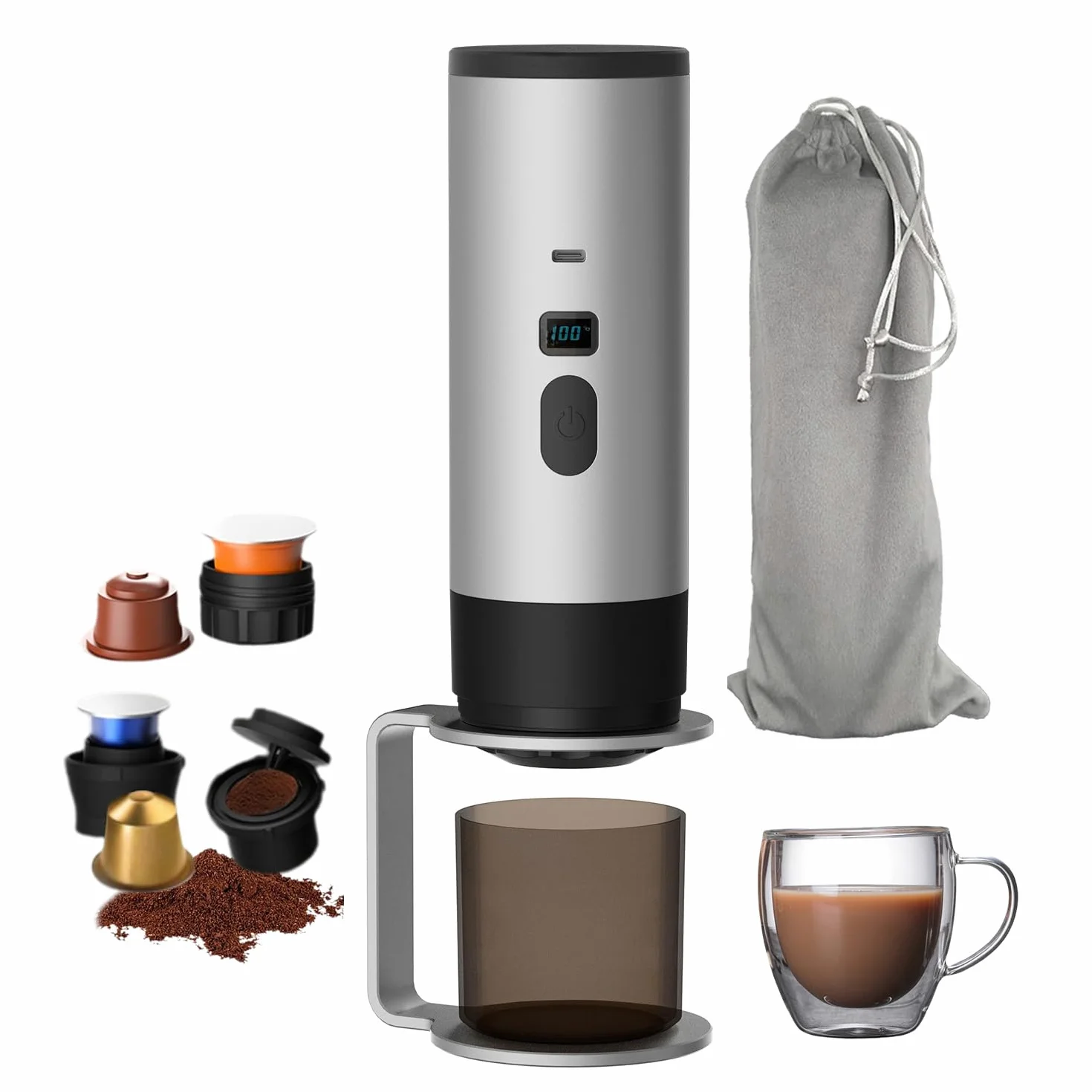scosao Cafetera Eléctrica Portátil 12 V Cafetera Capsulas, Máquina de Café Espresso Auto-Calentamiento para Camping Coche Viajes Casa, compatible con cápsulas NS y Café Molido