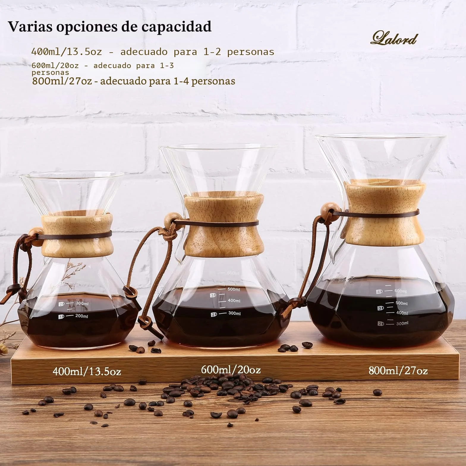 Cafetera de Goteo Lalord con Filtro de Acero Inoxidable Reutilizable, Jarra de Vidrio de Borosilicato, 400 ml