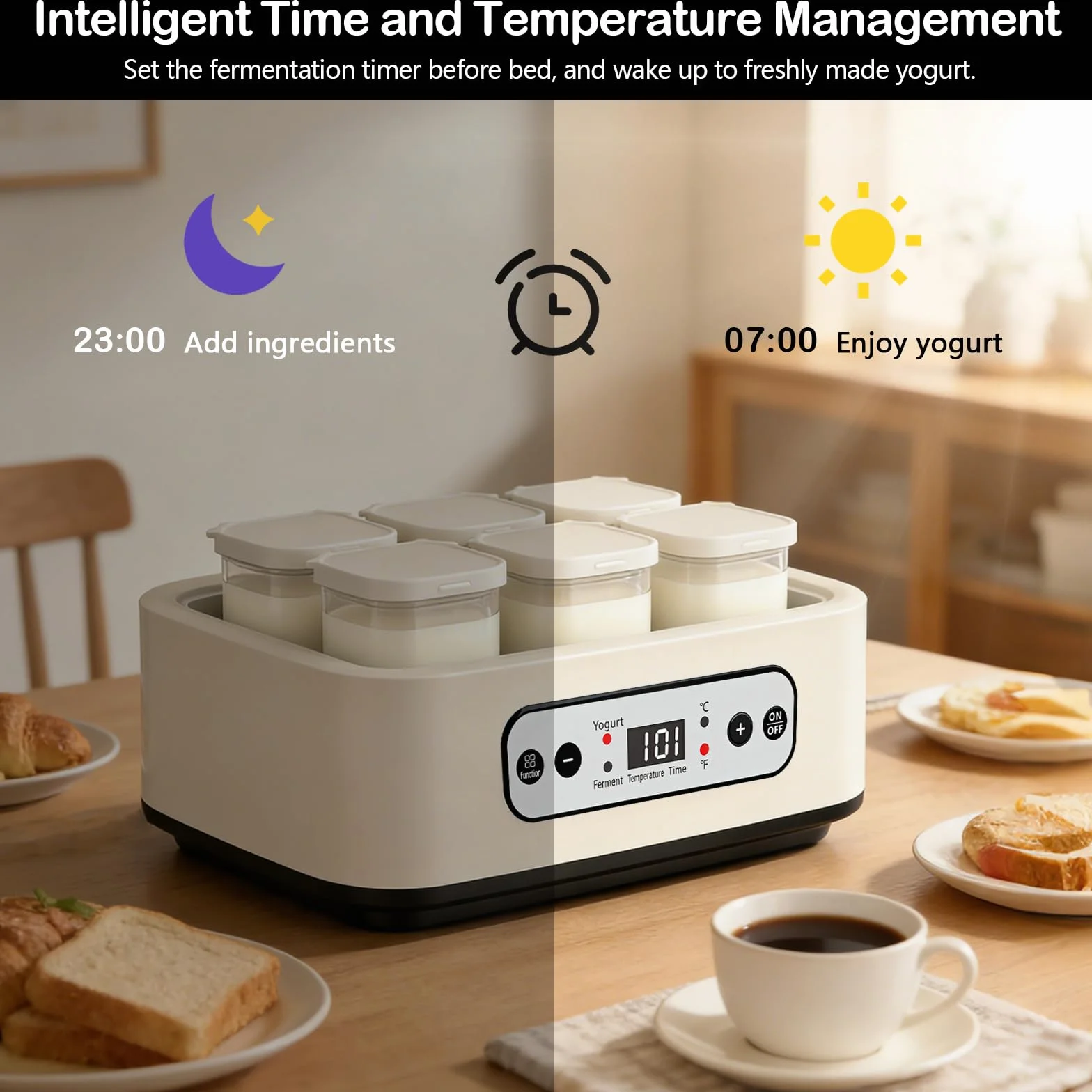 Yogurtera, Máquina para Hacer Yogur de 1,6 L con 6 Tarros de 250 ml Yogurtera con Temporizador de 1 a 99 Horas Control de Temperatura de 21 a 48 °C y Pantalla LCD para Yogur Natto y Vino de Arroz