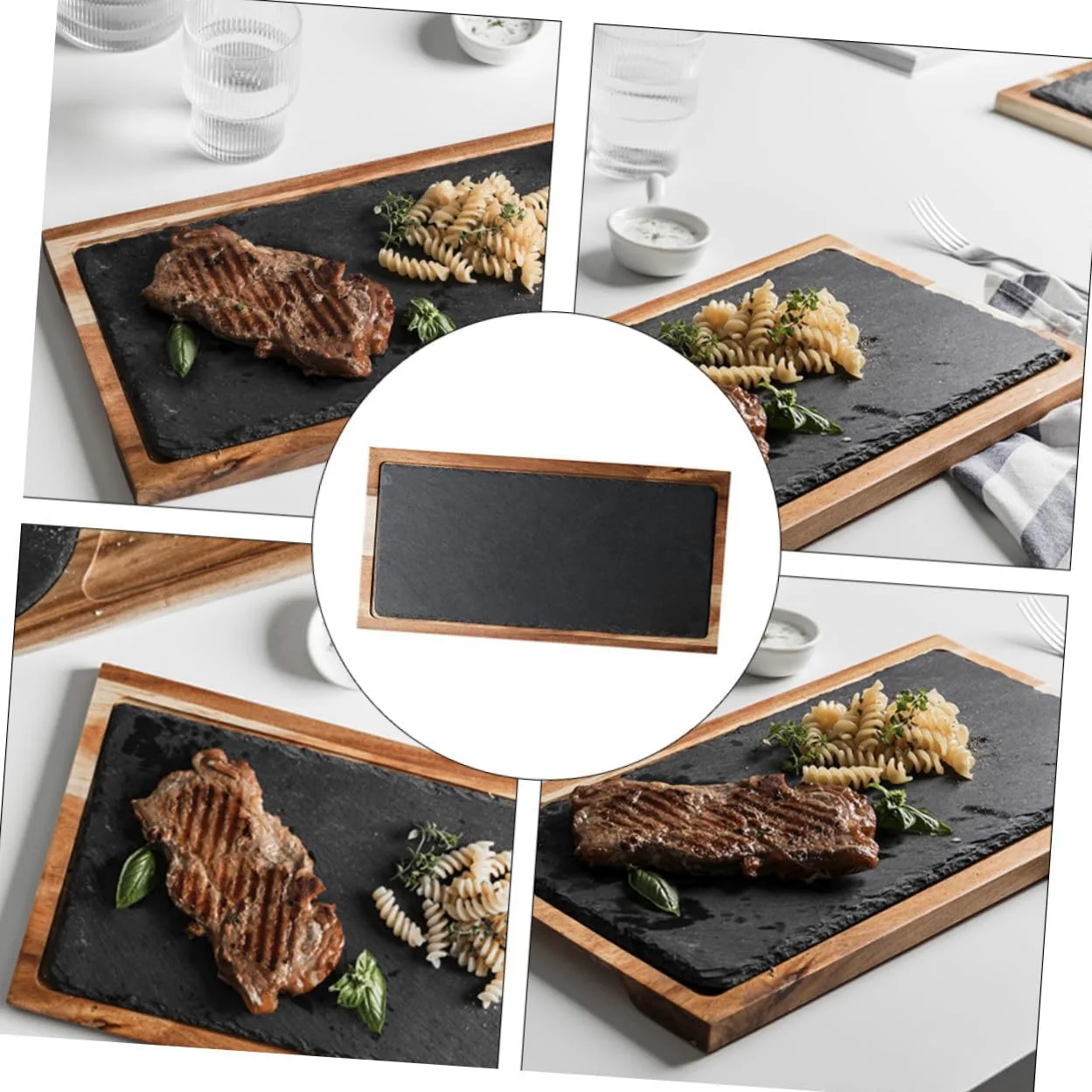 Plato de degustación multifuncional de madera de acacia negra, pizarra natural, para presentaciones de sushi y uso en restaurantes.