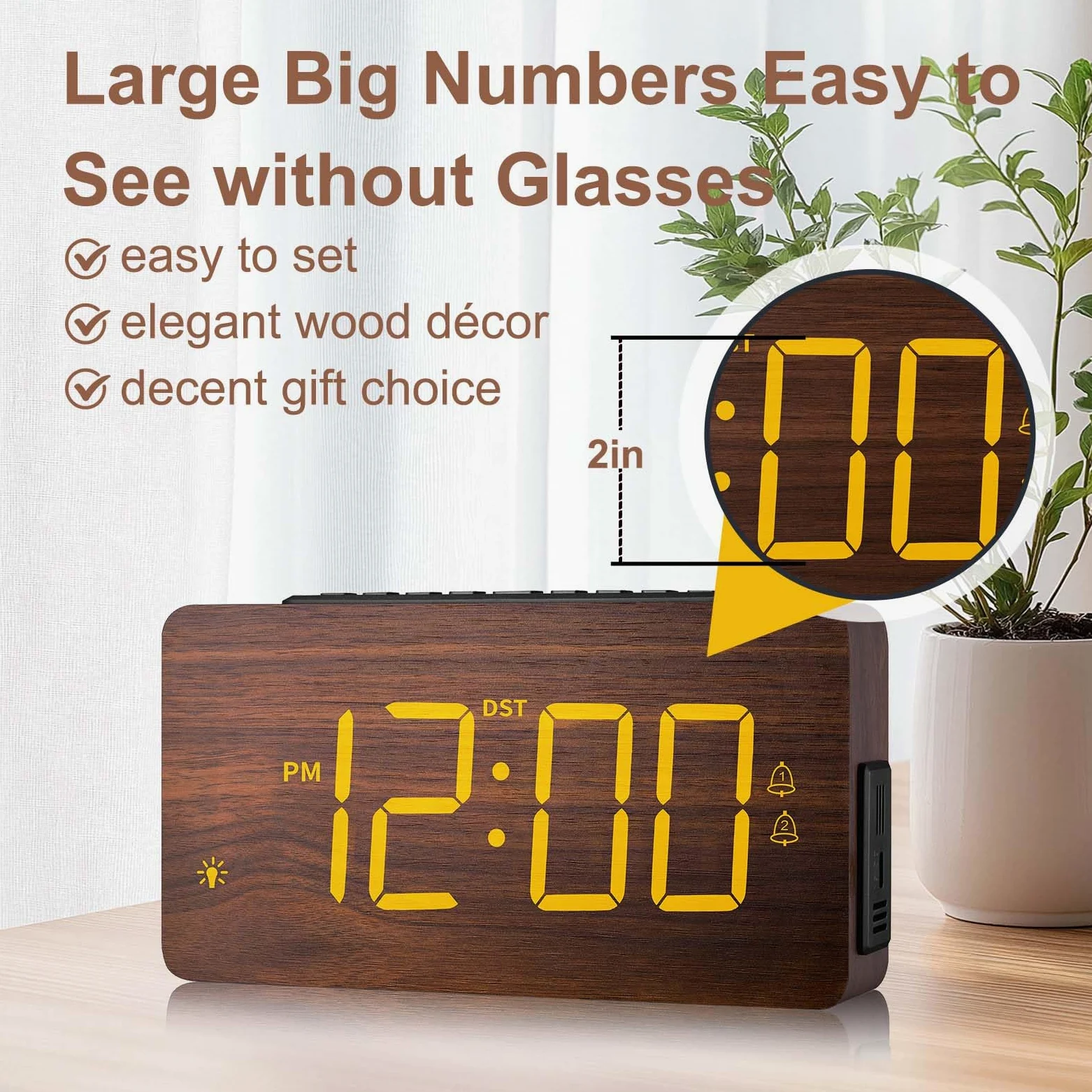 Reloj despertador digital de madera para dormitorios, alarma extra fuerte para personas que duermen mucho, volumen y brillo ajustables, DST, doble uso como reloj de escritorio/pared, elegante