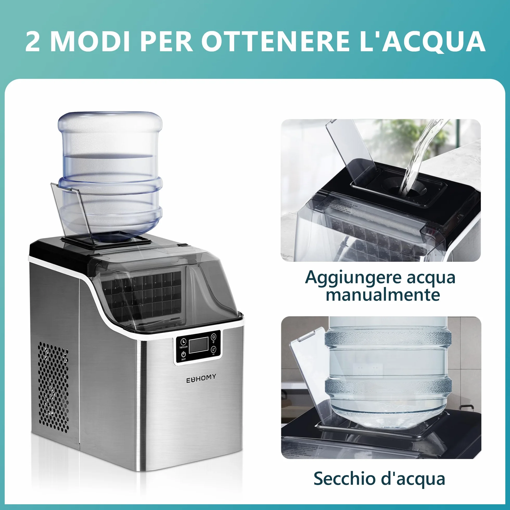 EUHOMY Máquina de hielo para el hogar: 24 cubos en 13 minutos, 20,5 kg/24 horas, autolimpiable, 3,2 l, con pala/cesta, para cocina/oficina, acero inoxidable