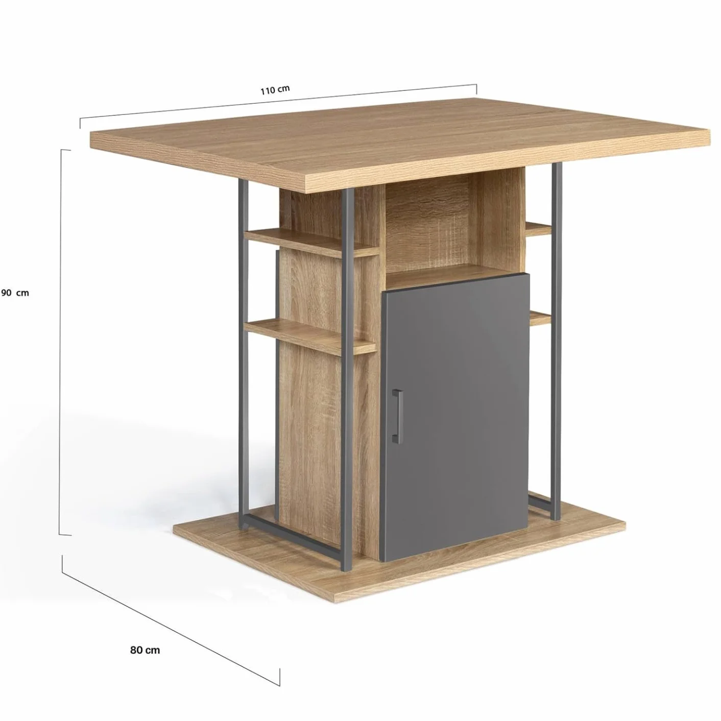 IDMarket – Ilot Central UGO 110 cm Madera Gris e Imitación Haya con Almacenamiento Diseño Industrial
