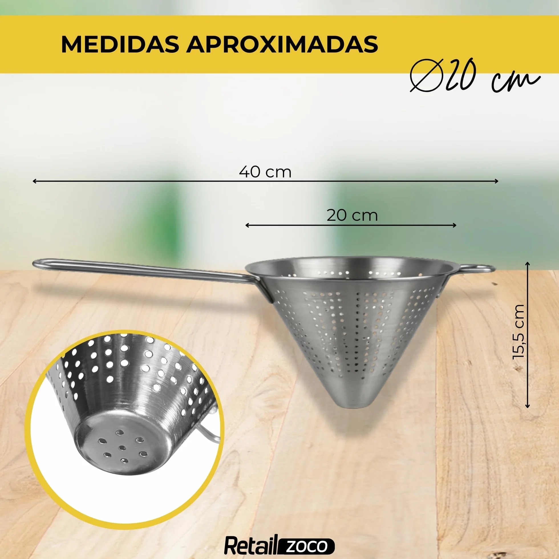 Colador Chino de Cocina, Colador forma cónica, colador Chino, Escurridor de Acero, Apto para para Pasta, Verduras, Frutas y Arroz, Acero inoxidable, Incluye 1 gancho de sujección, Diámetro 20 cm