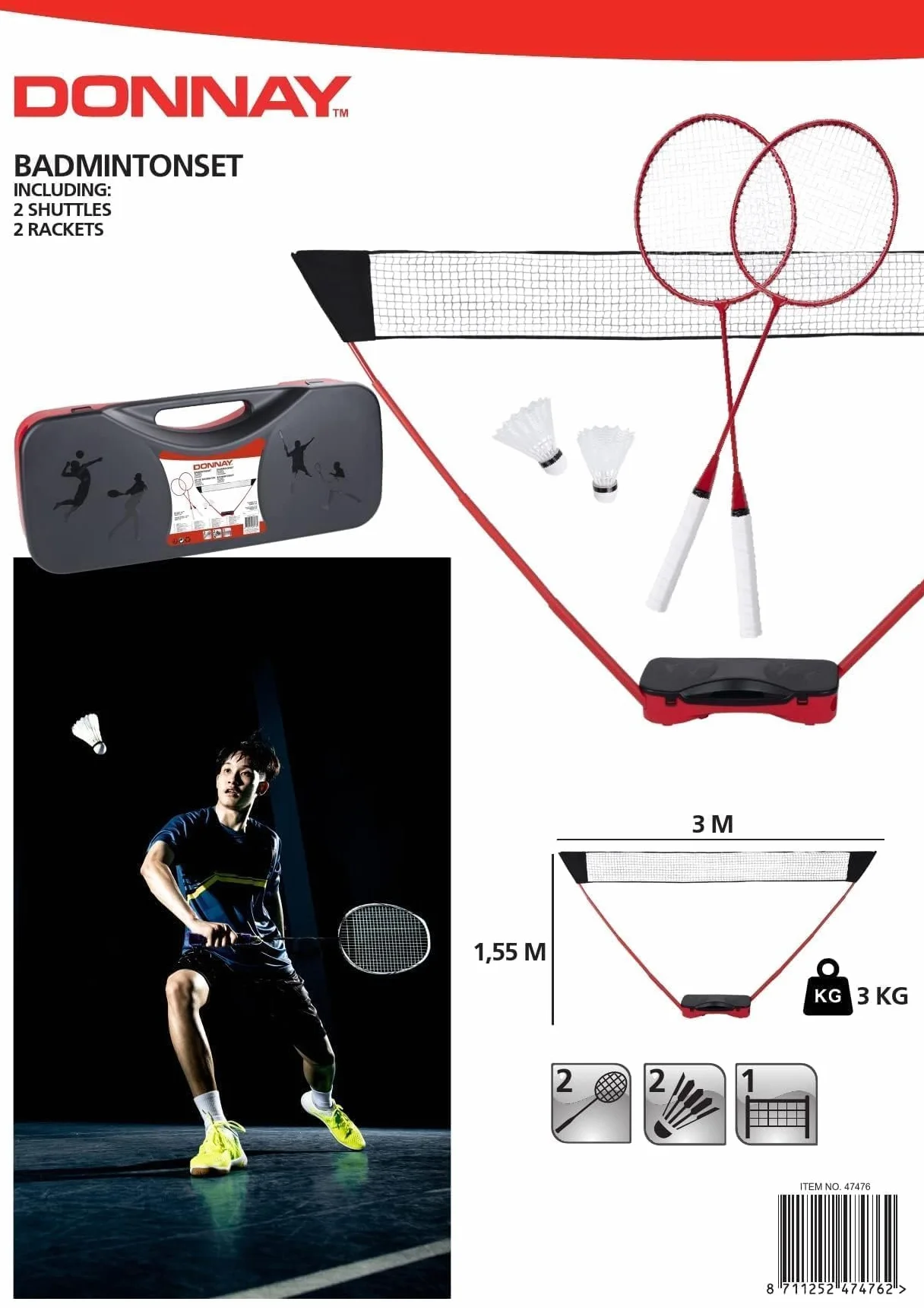 Donnay Juego de bádminton – Juego de voleibol para 2 personas – con volantes, raqueta de bádminton y red – Juego completo con bolsa de viaje – Red de voleibol 155 x 300 cm – para jardín y camping –