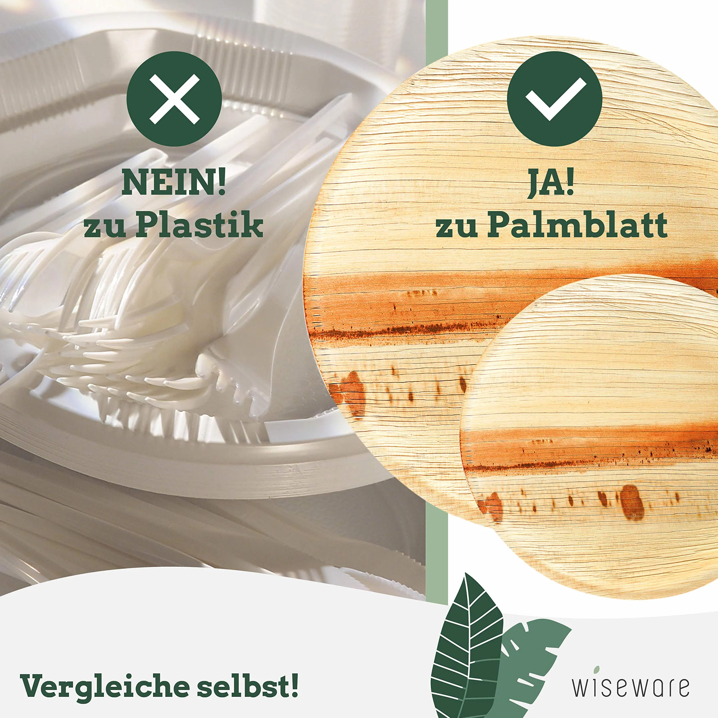 Wiseware Platos desechables (100 unidades redondos 20 cm de diámetro biodegradables platos de hoja de palma biodegradables vajilla compostable vajilla ecológica desechable (100 20 cm de diámetro)