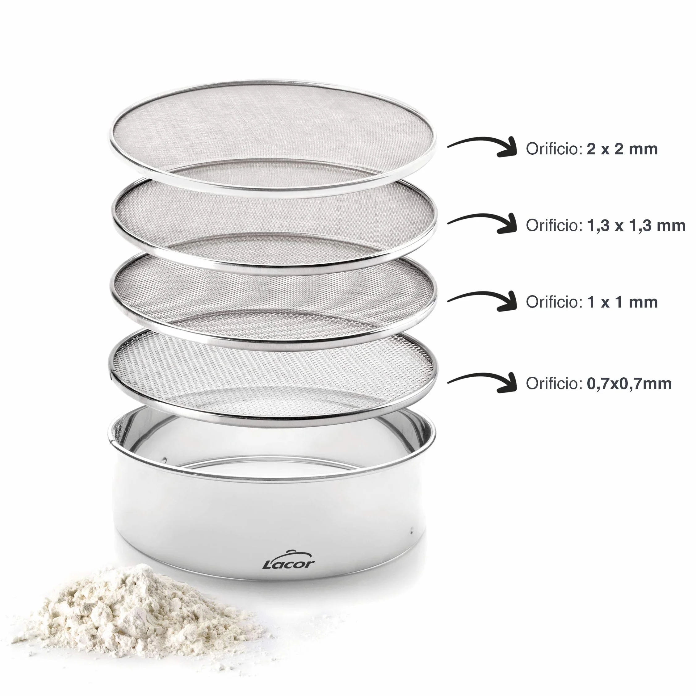 Lacor 68341 - Cedazo - Acero inox, Tamiz intercambiable, 4 mallas, 23 cm | En acero inoxidable, tamiza harinas y azúcar finamente; ideal para cocina profesional y uso diario en casa, para el día a día