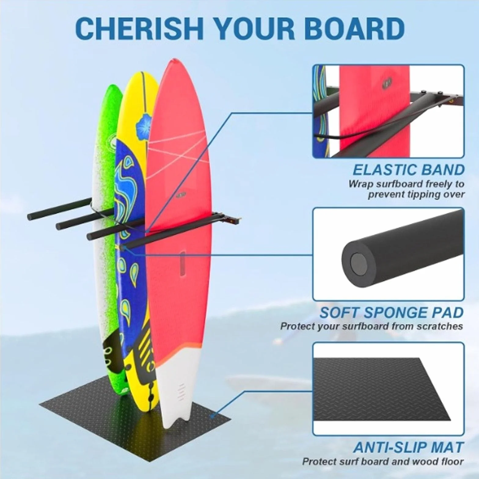 Soporte Vertical para Tablas de Surf — Soportes de Pared Ajustables — Sistema de Almacenamiento Vertical para 5 Tablas