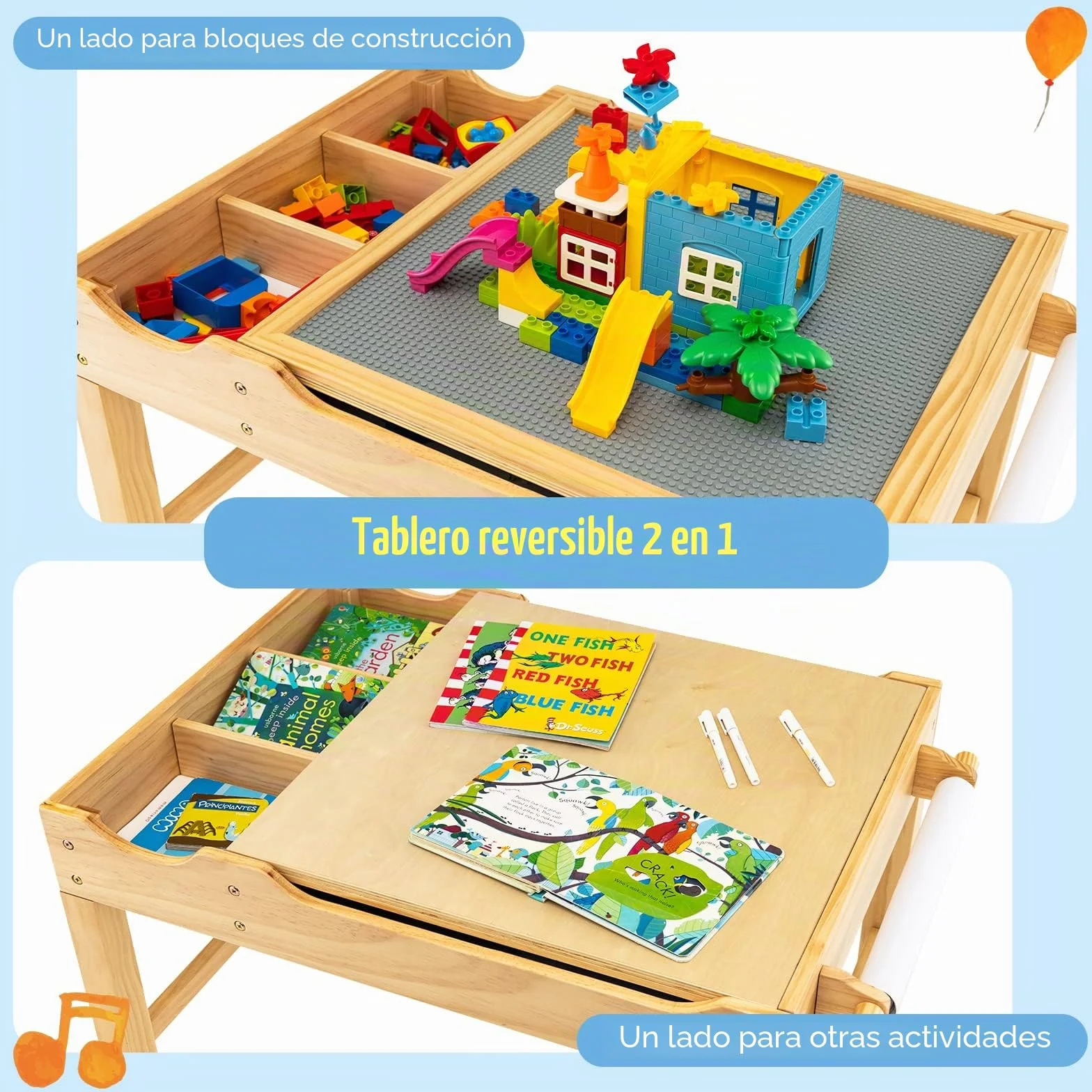 GOPLUS Mesa de Actividades 2 en 1 con Tablero Reversible, Mesa de Construcción para Niños de 3+ Años con Espacio de Almacenaje Clasificado, Mesa de Juego de Madera con Barra Lateral, 86,5X60X57CM