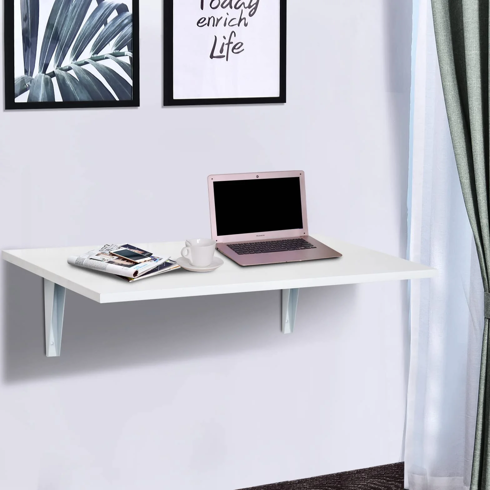 HOMCOM Mesa Plegable de Pared Mesa Abatible de Pared de Madera Ahorra Espacio para Cocina Comedor Dormitorio Carga 10 kg 60x40x20 cm Blanco