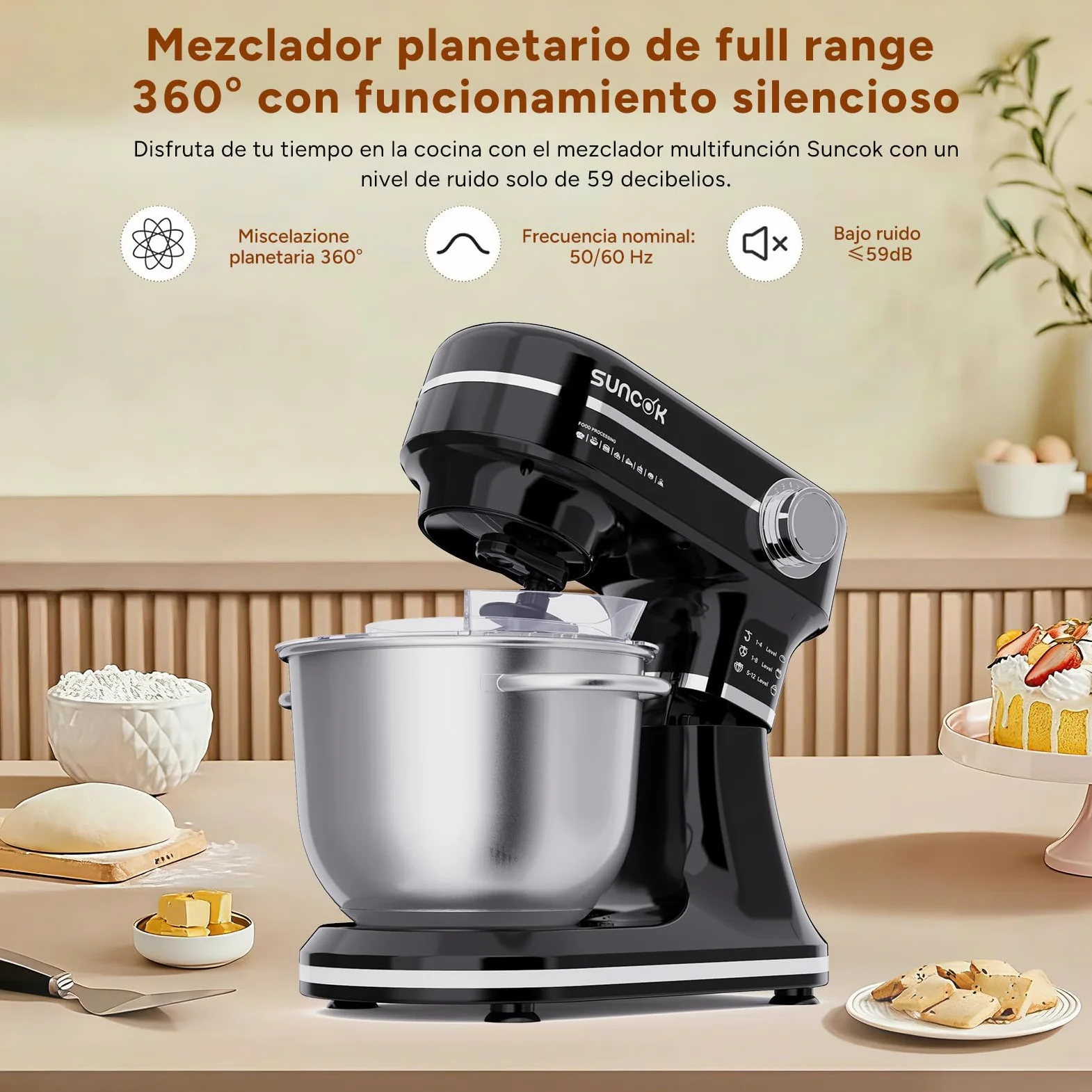 Batidora Amasadora 1500W, 2 Cubetas de Acero Inoxidable (4,5L/5,5L), 12 Velocidades, Fermentación/Calentamiento, Báscula, Temporizador, Bajo Ruido, 3 Accesorios de Mezcla (B03B, B03B-negro)
