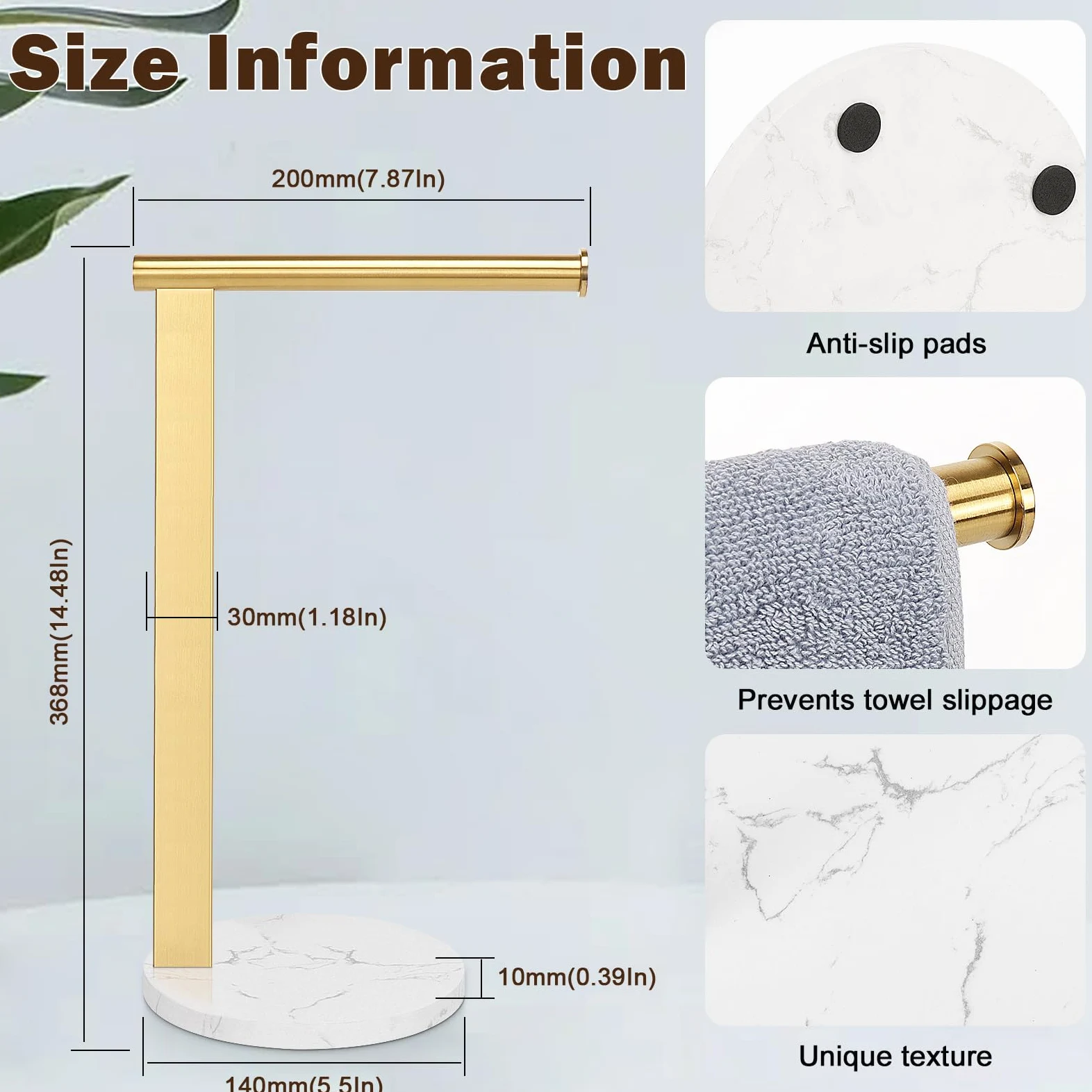 Toallero para toallas de mano para baño, toallero de pie en forma de L, organizador de encimera de tocador o cocina, material de acero inoxidable SUS304, base de mármol, dorado