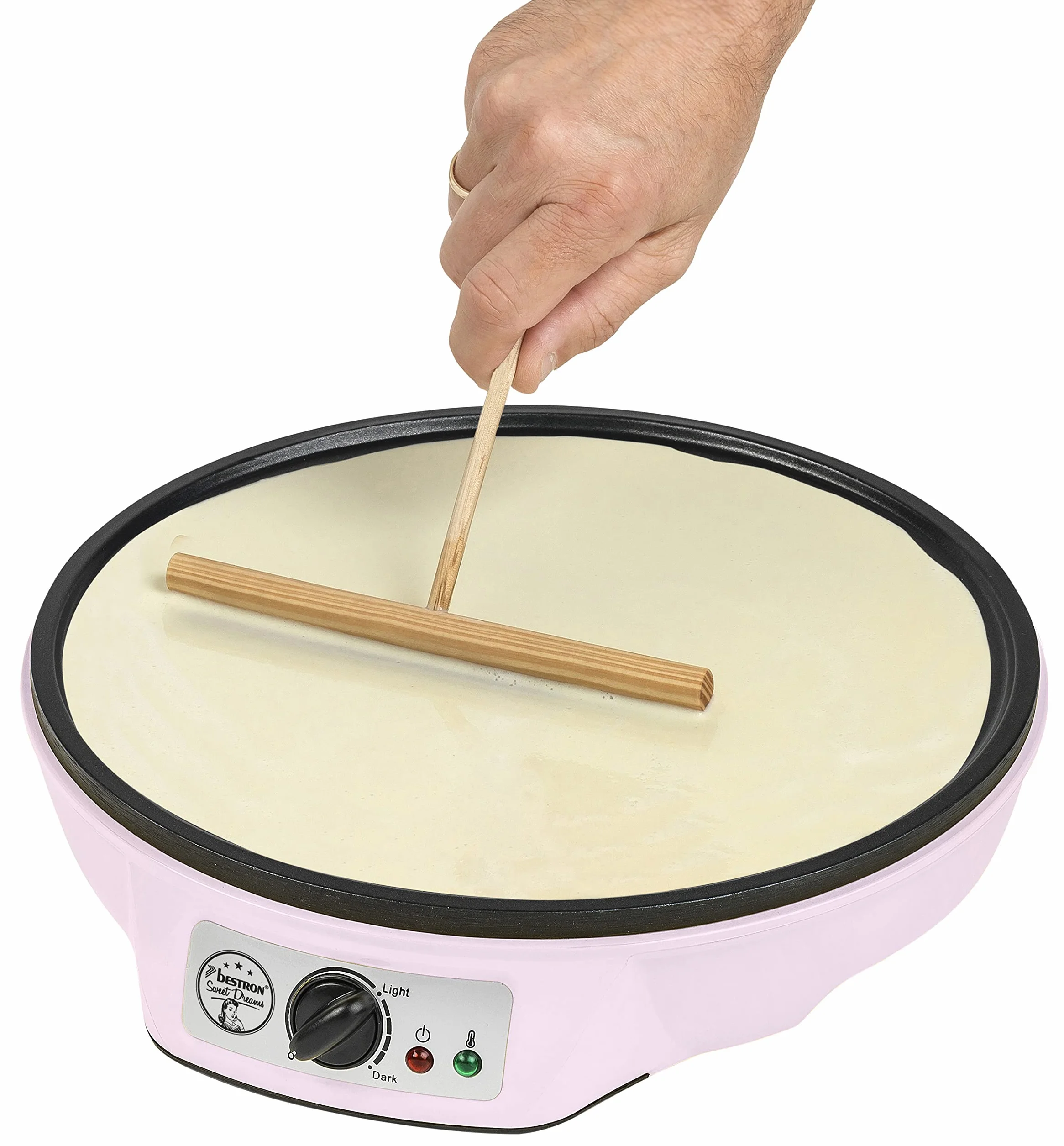 Bestron Crepera de diseño retro, Crepera electrica para crepes de Ø 30 cm, incl. esparcidor de masa y volteador de crepes, con revestimiento antiadherente, 1000 vatios, color: rosa