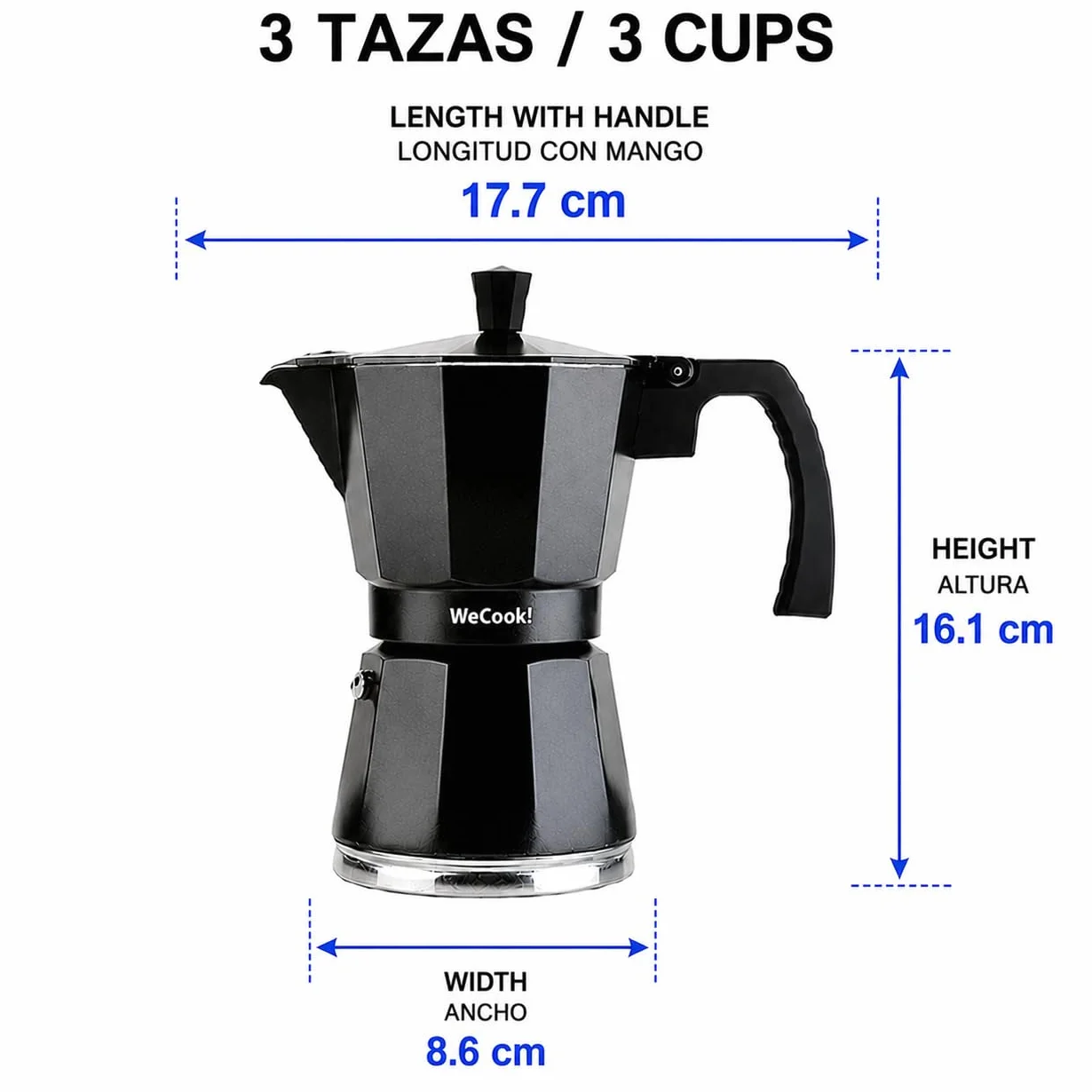 WECOOK! Luccia Cafetera Italiana, Inducción, Aluminio, Express, 1 - 3 Tazas Café, Apta para todas las Cocinas, Color Negro, Junta de Cierre de Silicona, Válvula de Seguridad.