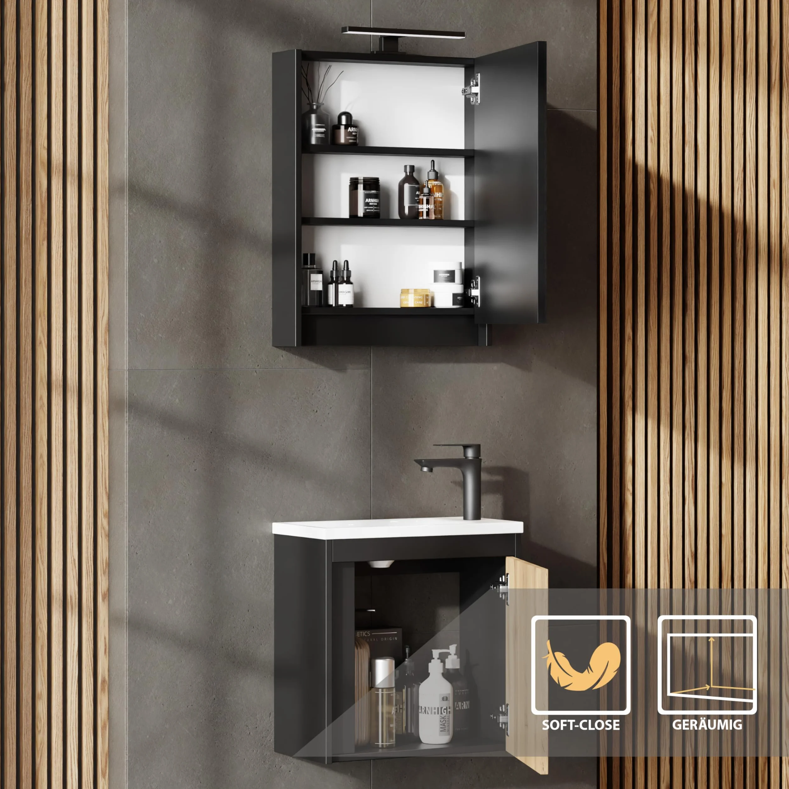 Planetmöbel Juego de muebles de baño de 2 piezas, Lavabo con armario inferior, 50 x 48,3 x 24,8 cm, Negro Mate/roble Wotan, Armario bajo lavabo con lavabo blanco