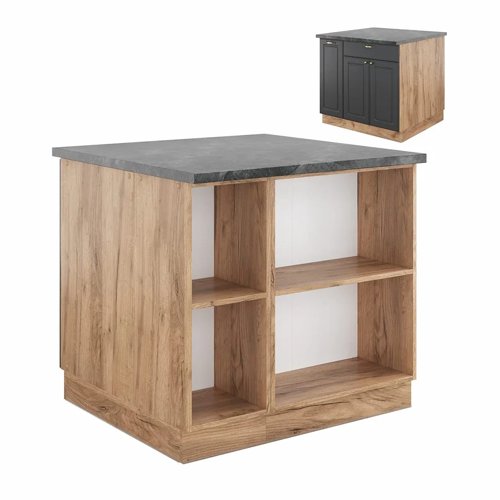 Vicco Isla de Cocina Fame-Line, Antracita Casa de Campo/Roble Kraft Dorado, 90 cm con cajón, sin encimera, Compatible con Otros módulos de la Serie Fame-Line
