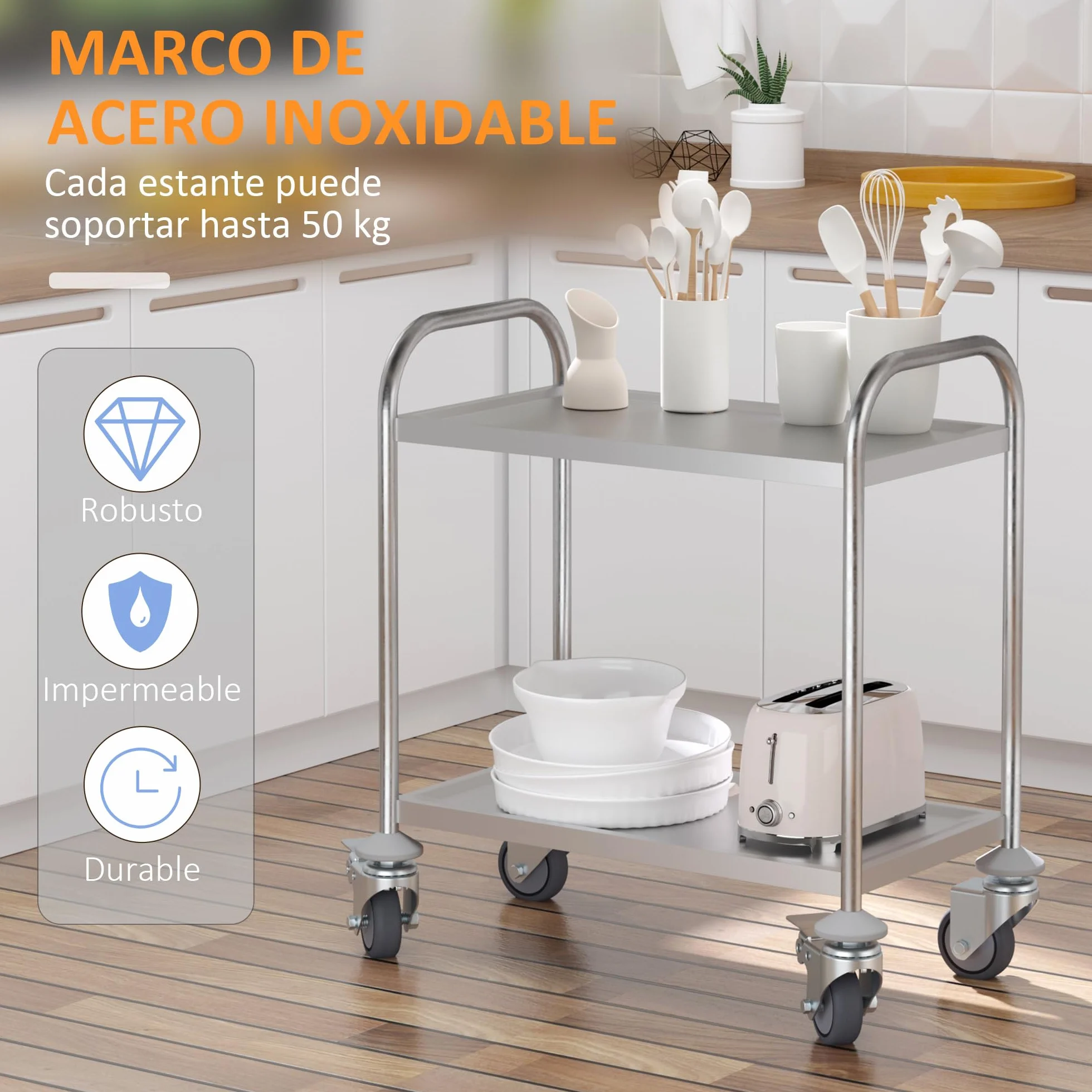 HOMCOM Carrito Auxiliar con Ruedas de Acero Inoxidable 80x45x82 cm Carrito de Cocina con Bandejas y 2 Brazos Carga 100 kg para Comedor Hotel Salón de Belleza Plata