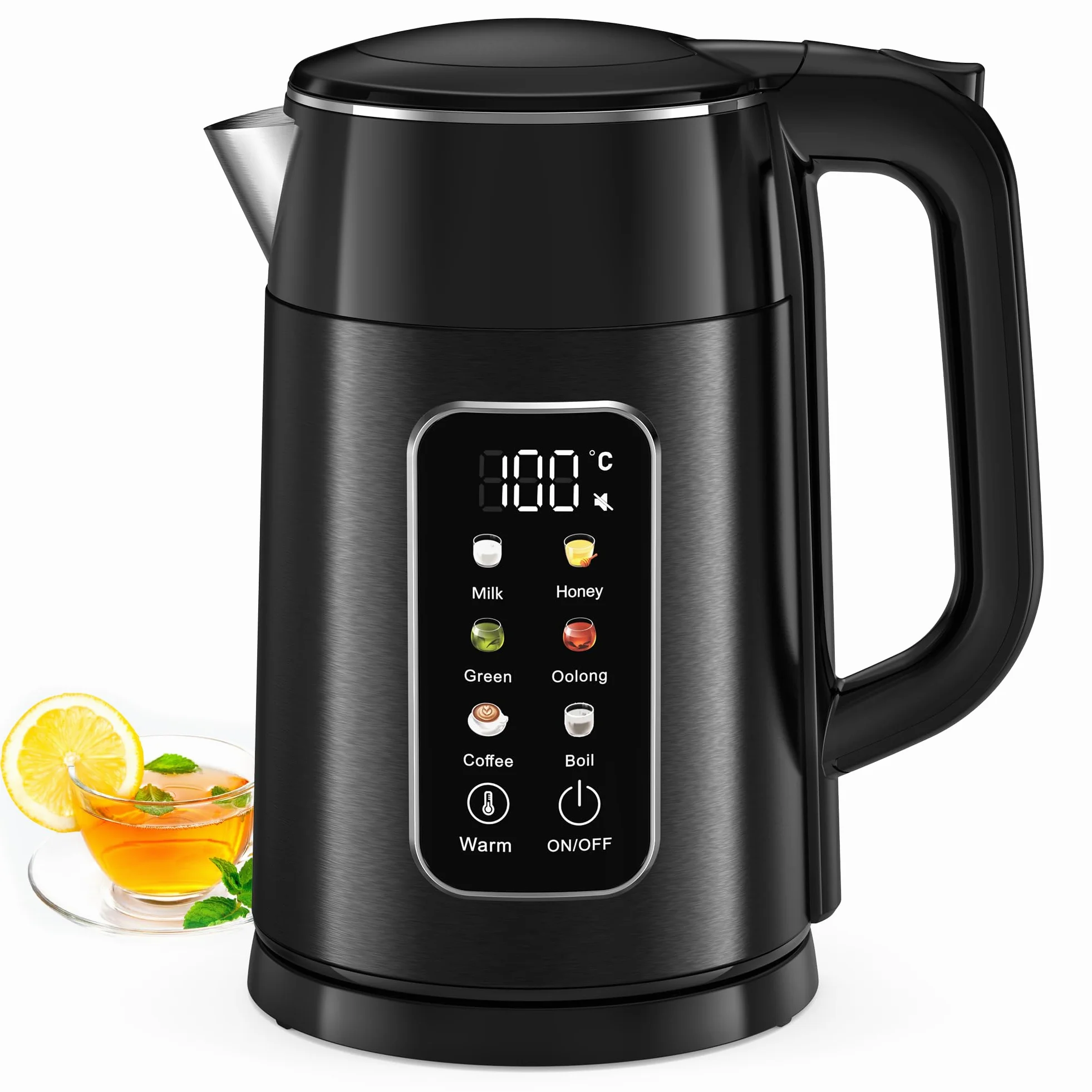 Hervidor de Agua Eléctrico 1,7L 2200W con Control de Temperatura y Pantalla LED - Acero Inoxidable 304 Libre de BPA, Doble Pared Tacto Frío, Función Mantener Calor 2H, Apagado Automático (negro)