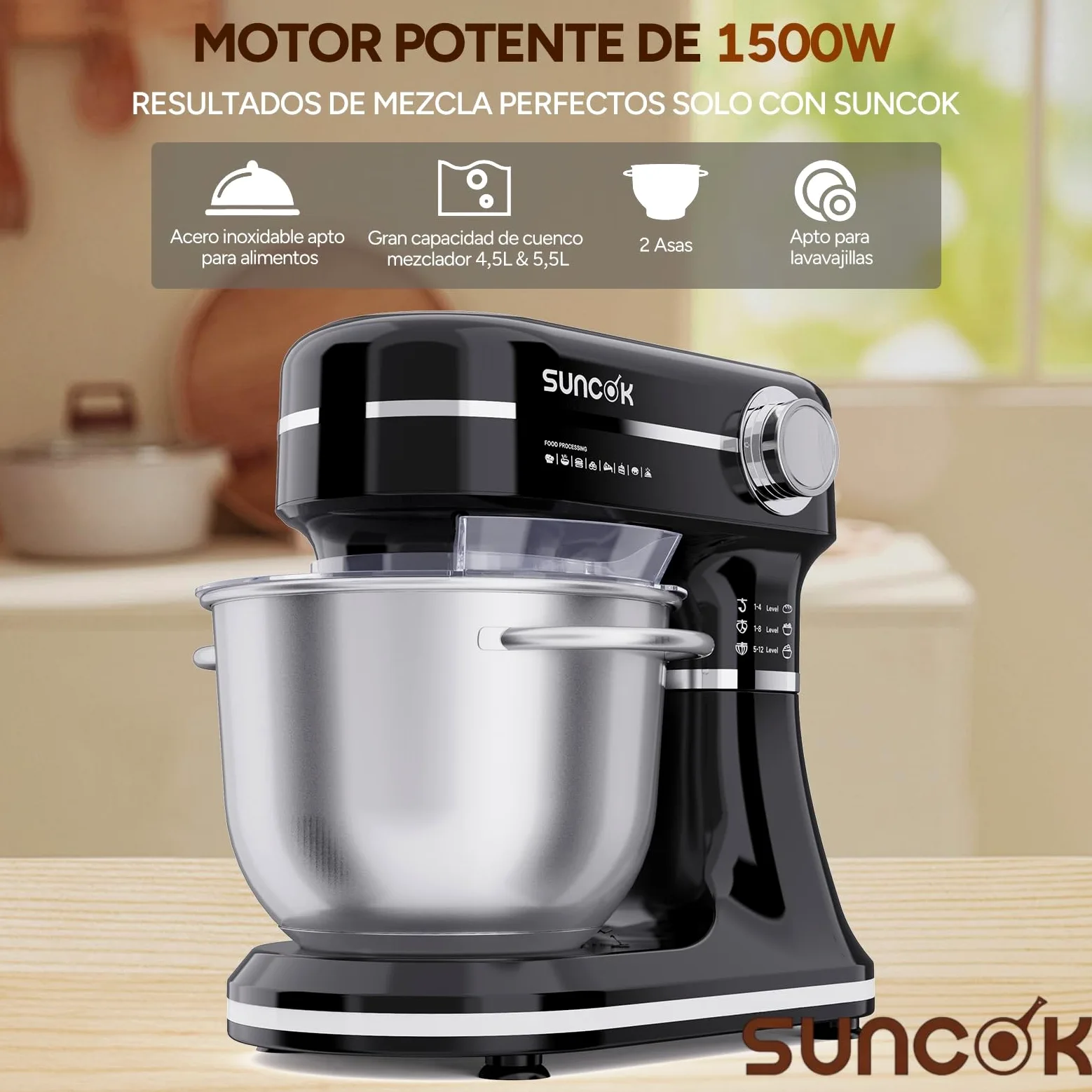 Batidora Amasadora 1500W, 2 Cubetas de Acero Inoxidable (4,5L/5,5L), 12 Velocidades, Fermentación/Calentamiento, Báscula, Temporizador, Bajo Ruido, 3 Accesorios de Mezcla (B03B, B03B-negro)
