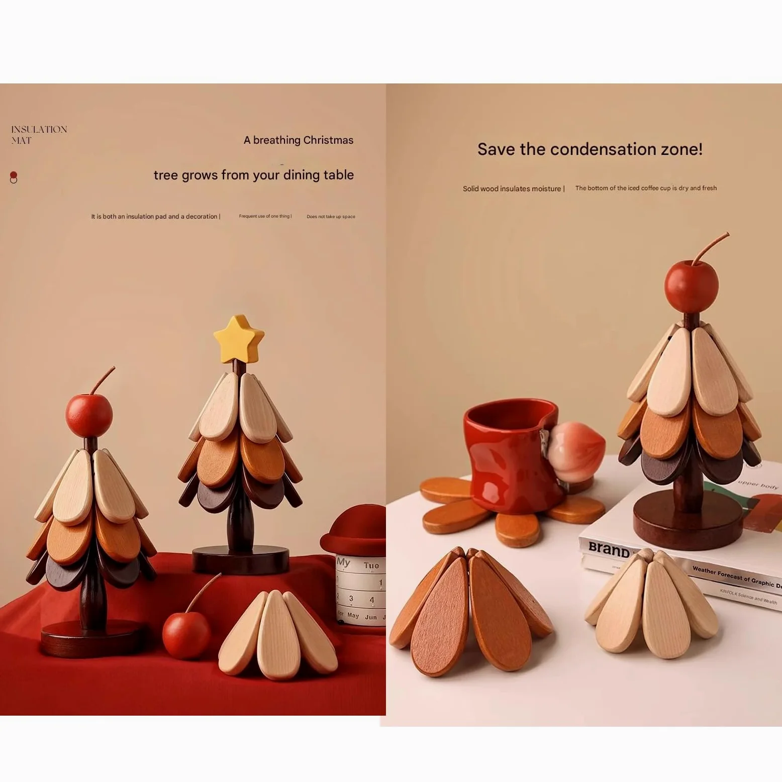 Juego de manteles individuales de Navidad, salvamanteles de madera, posavasos, salvamanteles de madera para platos calientes, soporte para sartén caliente, juego de salvamanteles para árbol de Navidad