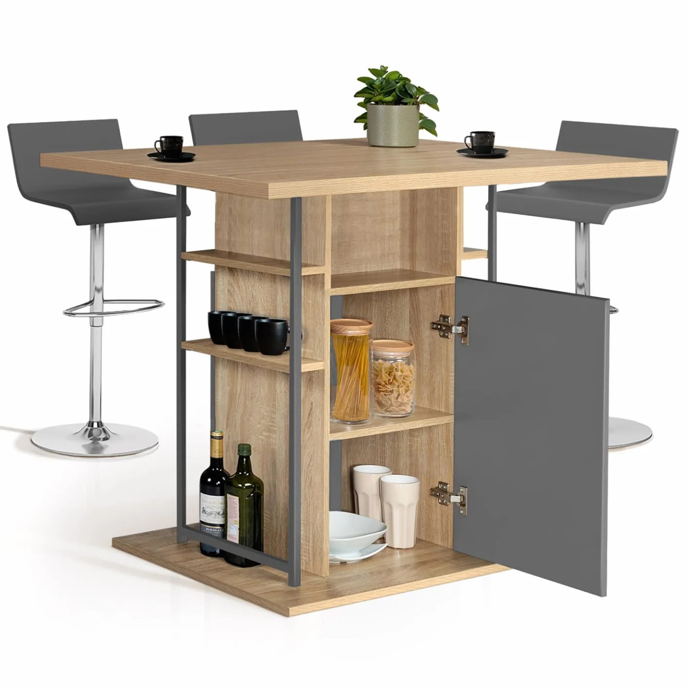 IDMarket – Ilot Central UGO 110 cm Madera Gris e Imitación Haya con Almacenamiento Diseño Industrial