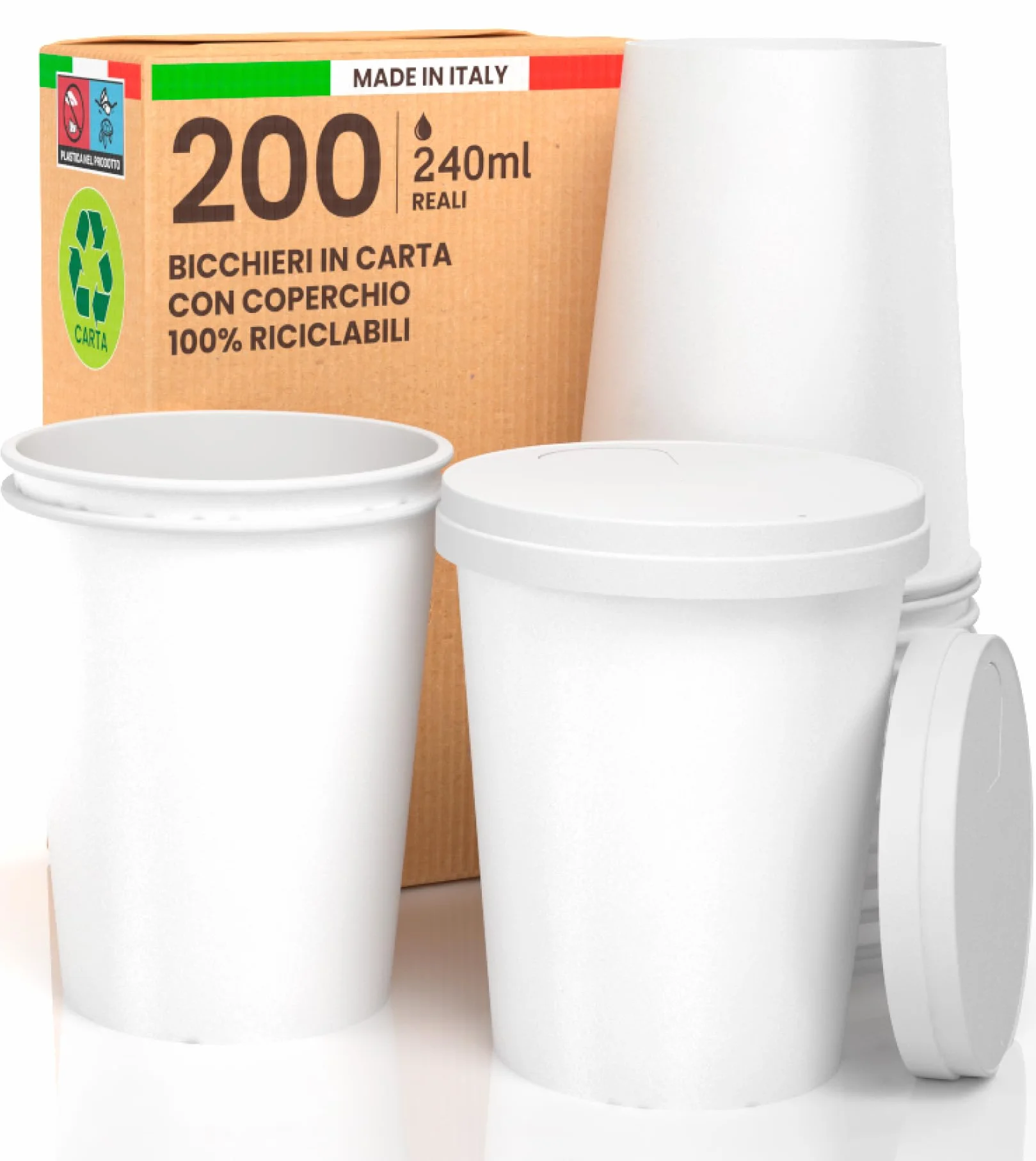 200 vasos de café para llevar, de papel blanco de 240 ml + 200 tapas de papel con boquilla para bebidas calientes y frías, té infusionado, agua, capuchino, ecológicos, biodegradables, tazas
