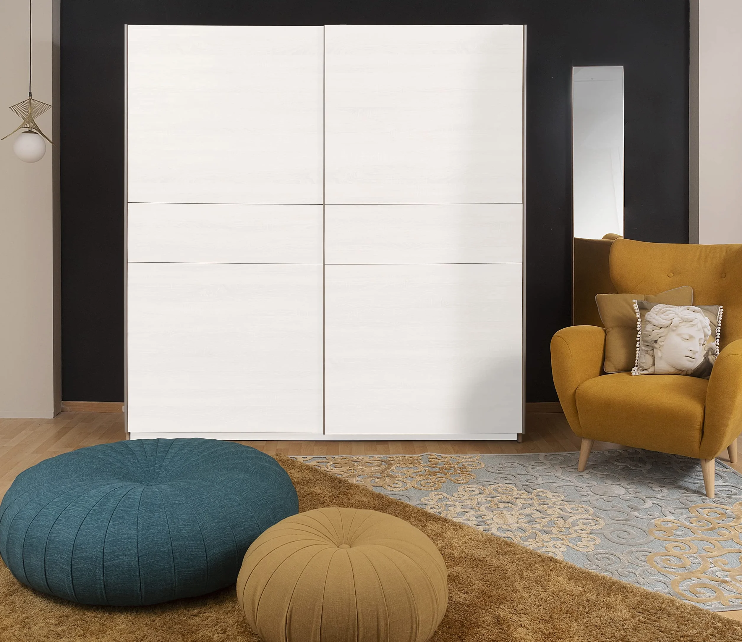 Homely | Armario de Puertas correderas Winter 200 | Acabado Laminado sintético Color Blanco Mate con Franja Central Reversible en Blanco o Roble | Medidas 200x62. Altura 210 cm. | Diseño Funcional