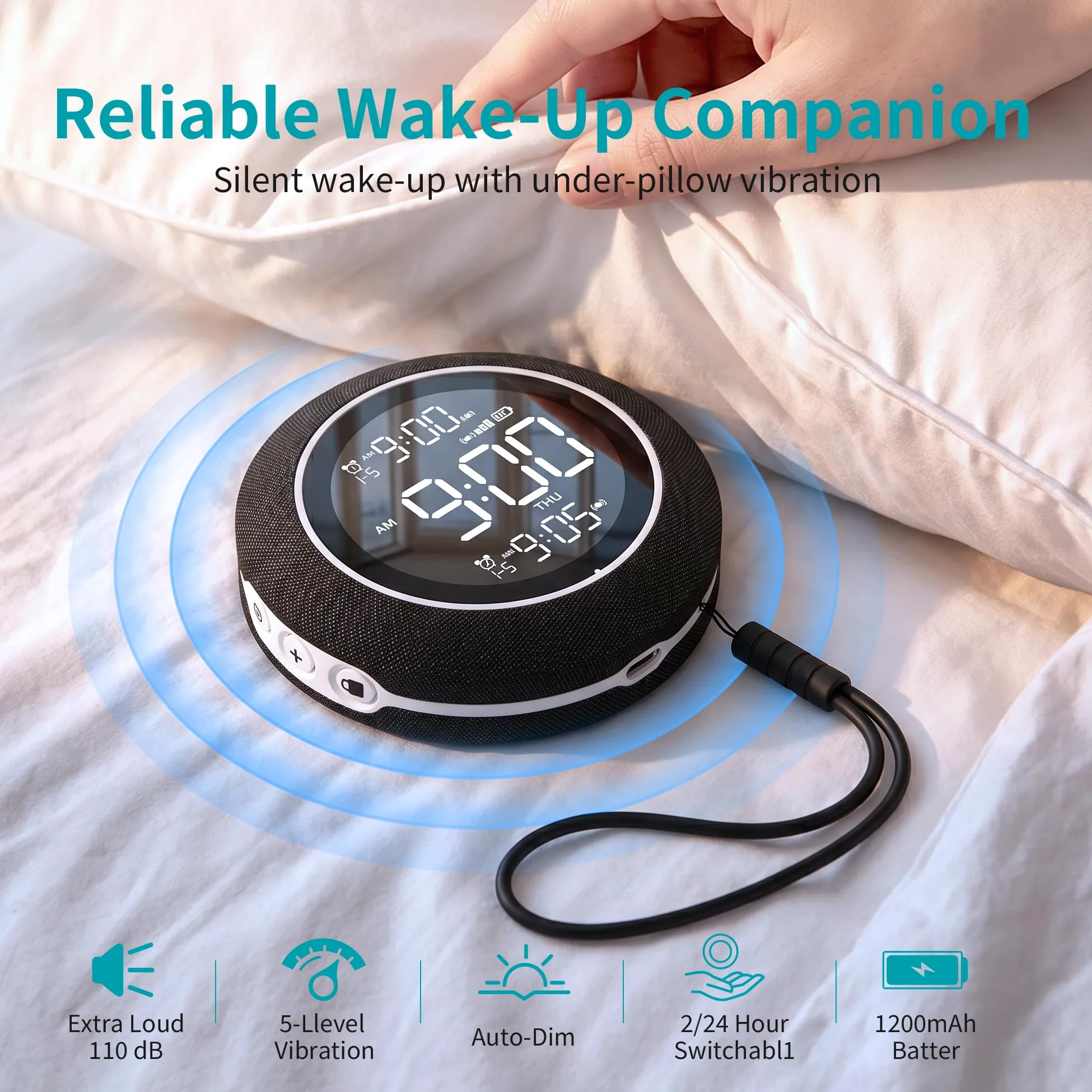 Reloj Despertador con Vibración, Reloj Digital Inalámbrico Recargable 1200mAh con 3 Niveles Vibración, 20 Sonidos, Alarma Doble, 12/24H y DST, Portátil para Viajes
