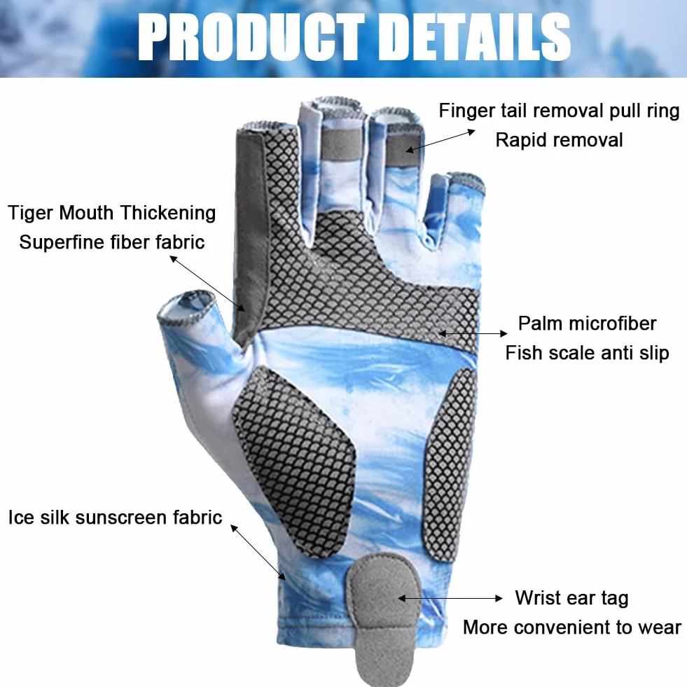 Guantes de Pesca sin Dedos Protección Solar Caza Camuflaje Antideslizantes Deportivos Ciclismo (Azul, XL)