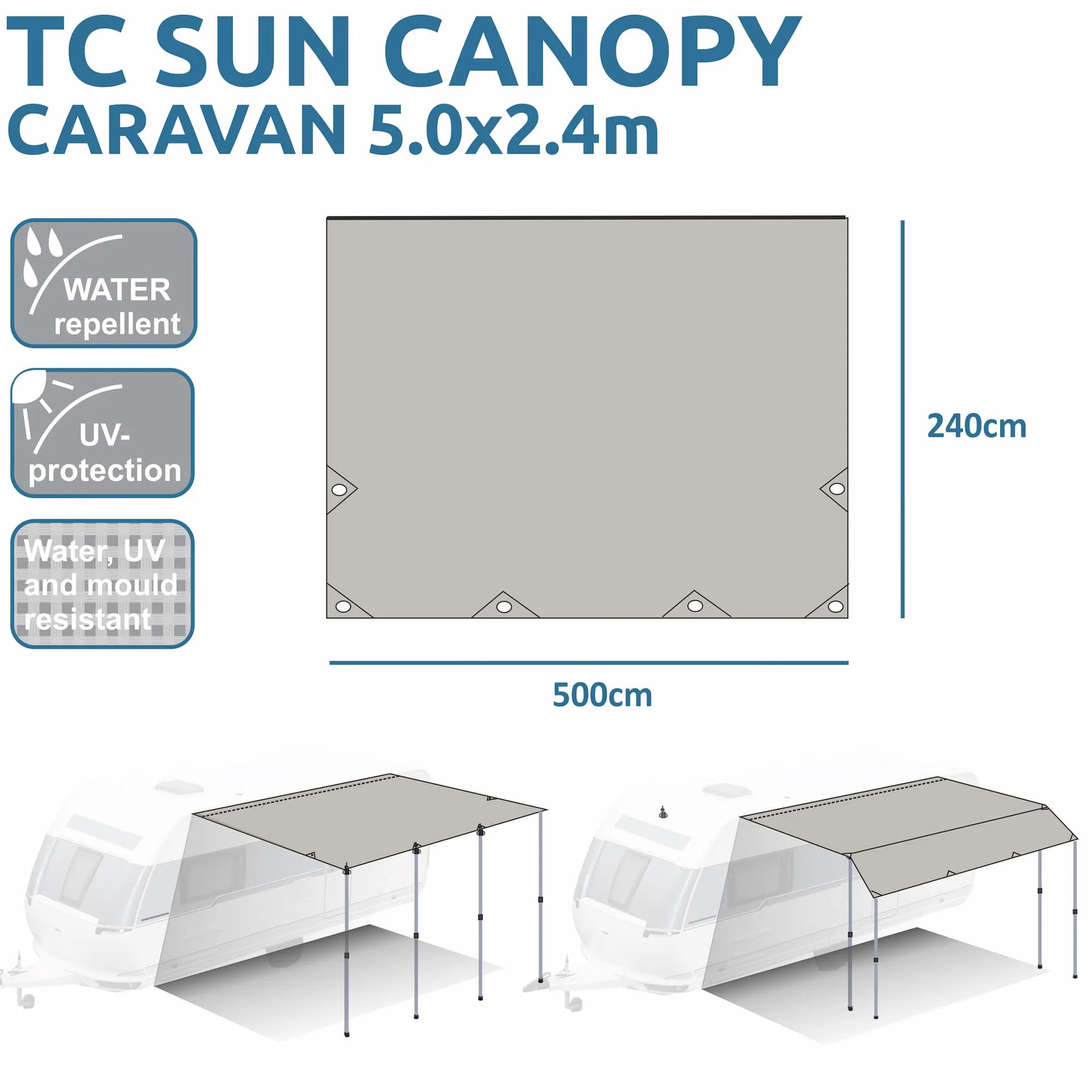 GEAR Toldo para caravana TC impermeable algodón protección UV 50+ varillas telescópicas aluminio 5 tamaños 500 x 240 cm