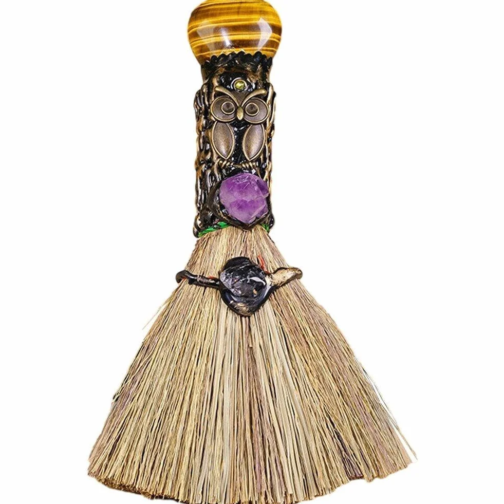 Mini Escoba de Altar de Bruja de Cristal Natural - Pequeño Palo Hecho a Mano para Ritual Wicca - Decoración de Halloween para Hogar y Coche