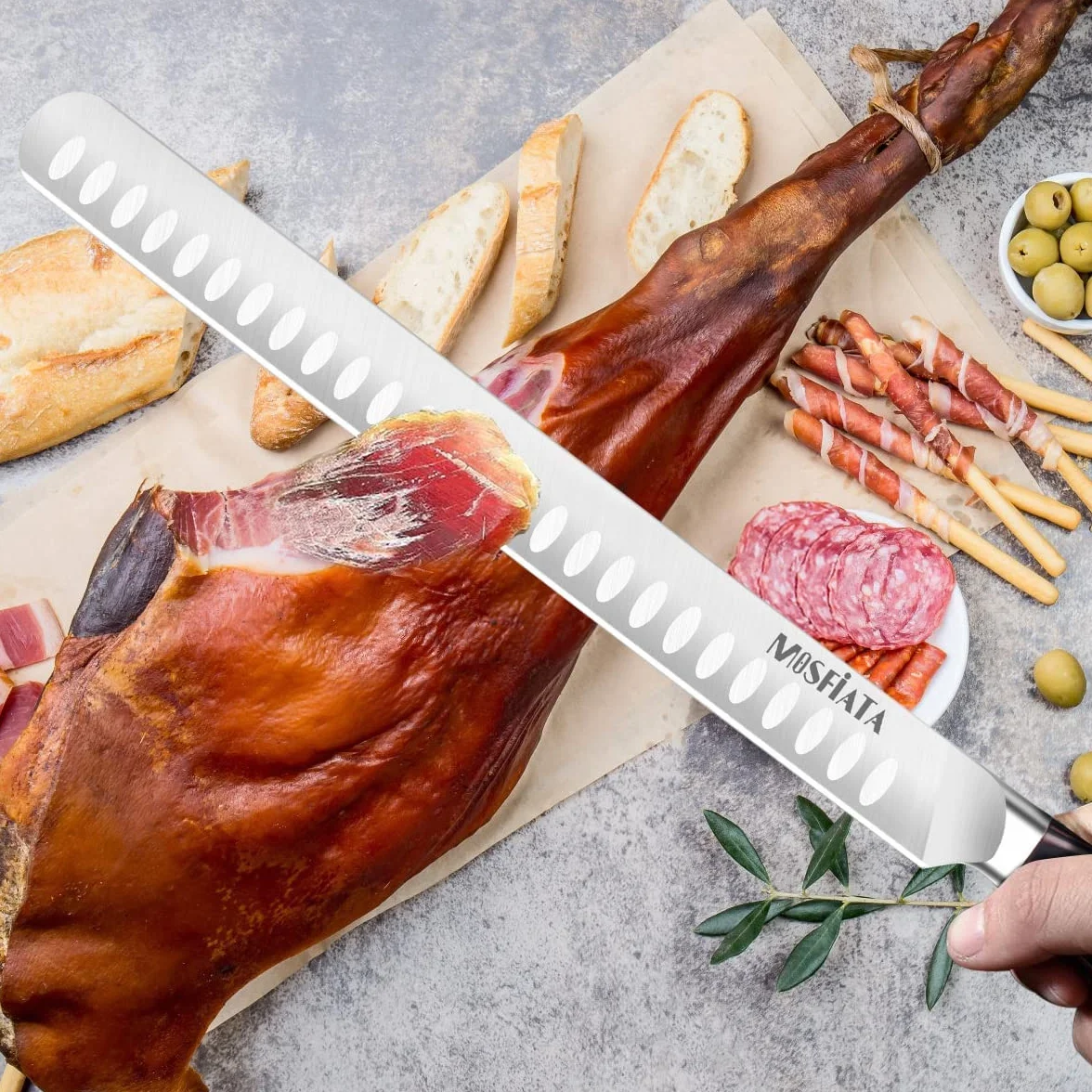 MOSFiATA Cuchillo Jamonero Profesional, Hoja Flexible y alveolada de Acero Inoxidable Forjado 300 mm, Mango Madera