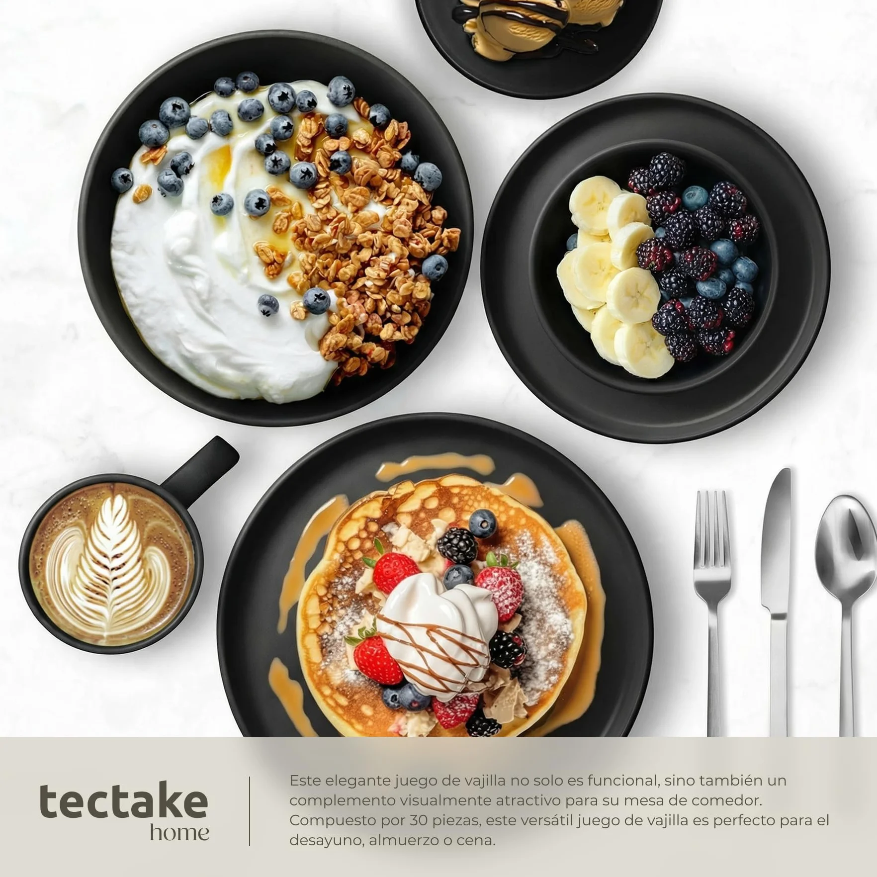 tectake® Servicio Combinado para 6 Personas, Juego Vajilla Estilo Urbano, Gres Esmalte, Lavavajillas y Microondas, Vajillas Completas Modernas, Cuencos Ceramica y Tazas - 30 Piezas Negro