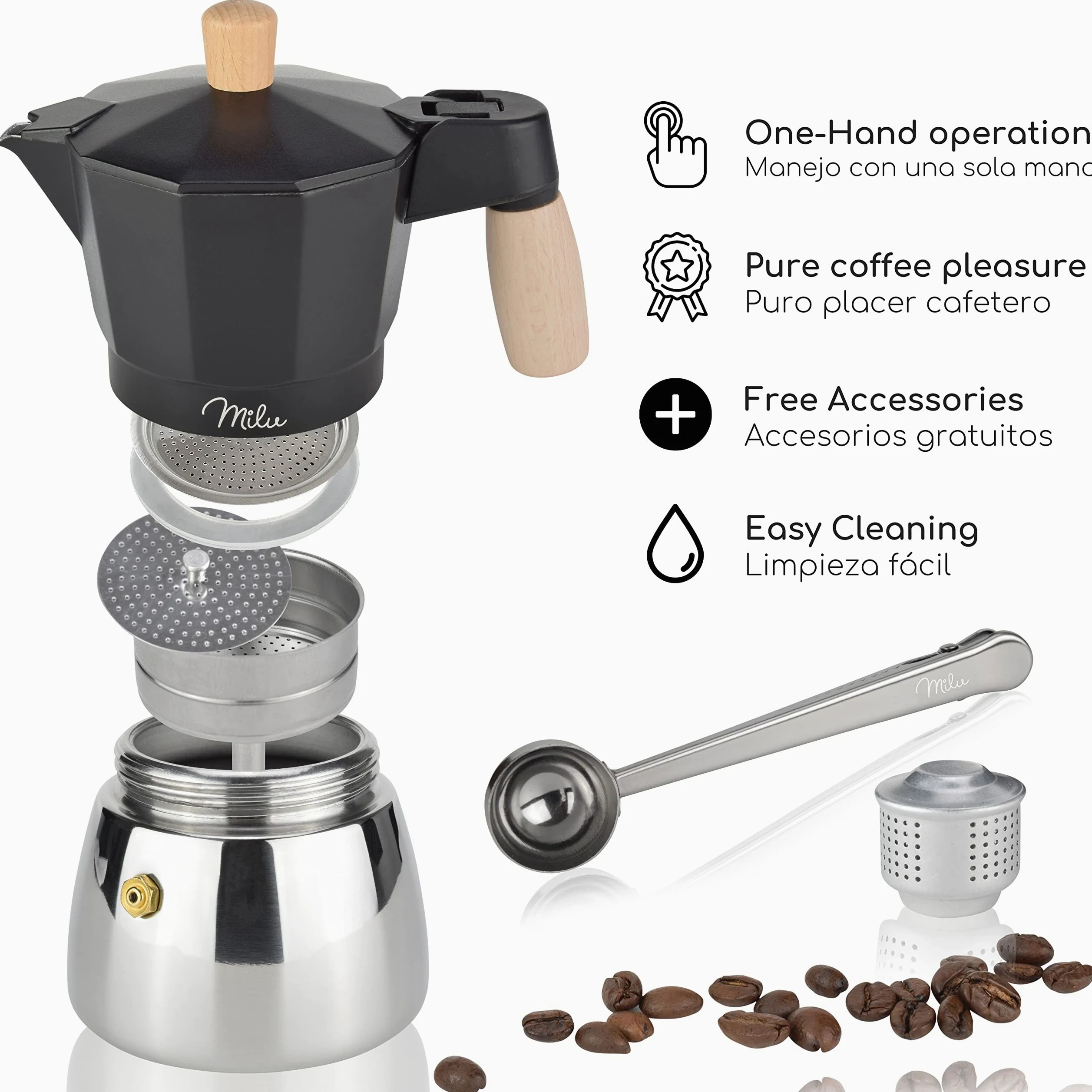 Milu Cafetera Italiana inducción | 3, 6, 9 Tazas | Cafetera Moka de Aluminio, Expresso Maker - Set comprensivo di sottobicchiere, cucchiaio, spazzola (Negro + Mango de madera, 3 tazas (150ml)